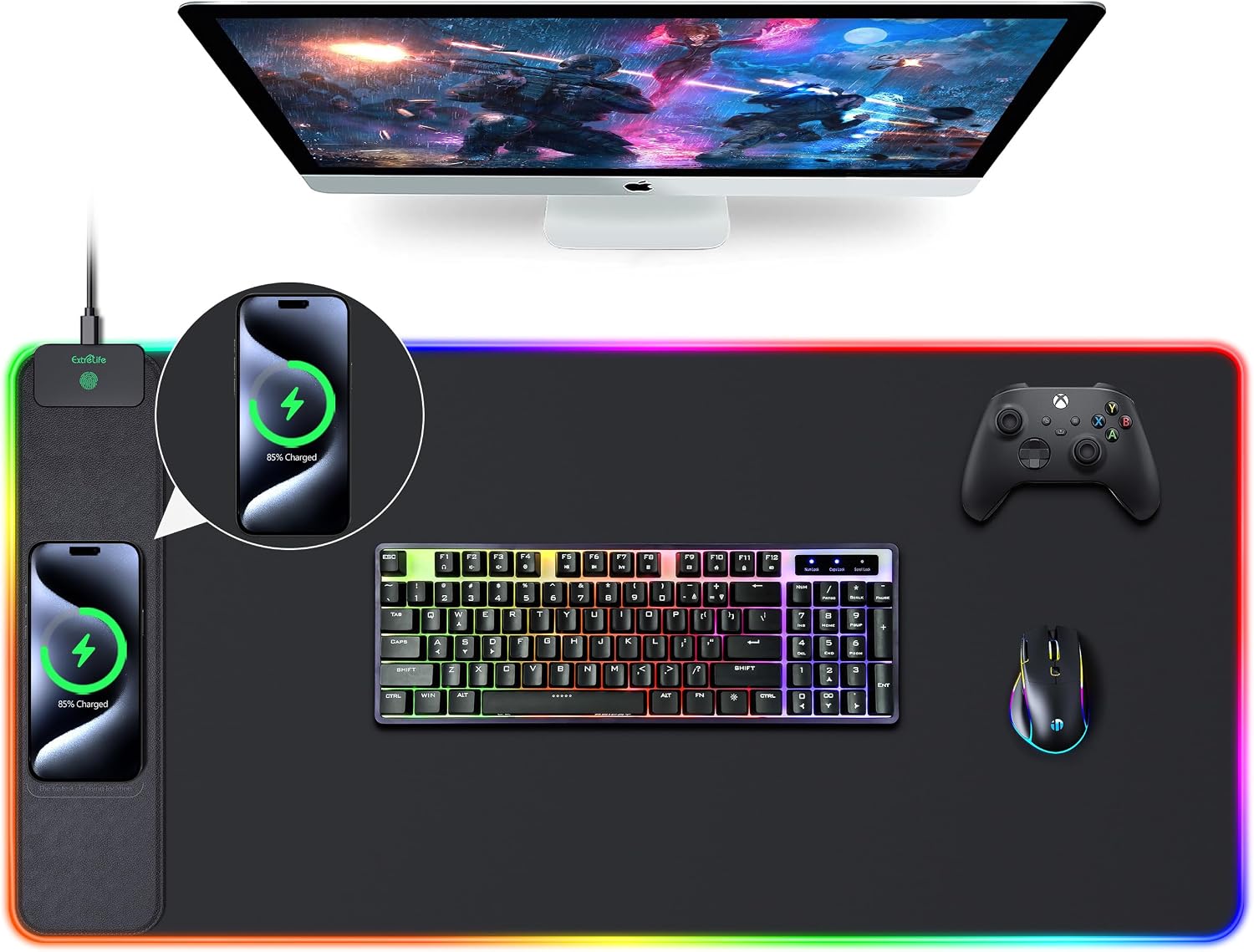 MOUSE PAD EXTRELIFE XXL CON CARGA INALÁMBRICA 15W Y RGB 31.5X15.7 PULGADAS - 1