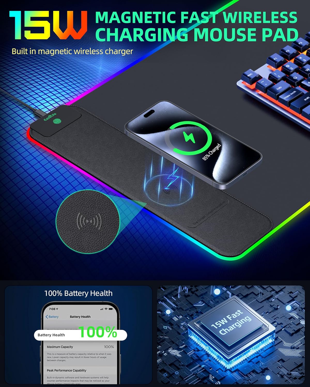 MOUSE PAD EXTRELIFE XXL CON CARGA INALÁMBRICA 15W Y RGB 31.5X15.7 PULGADAS - 2