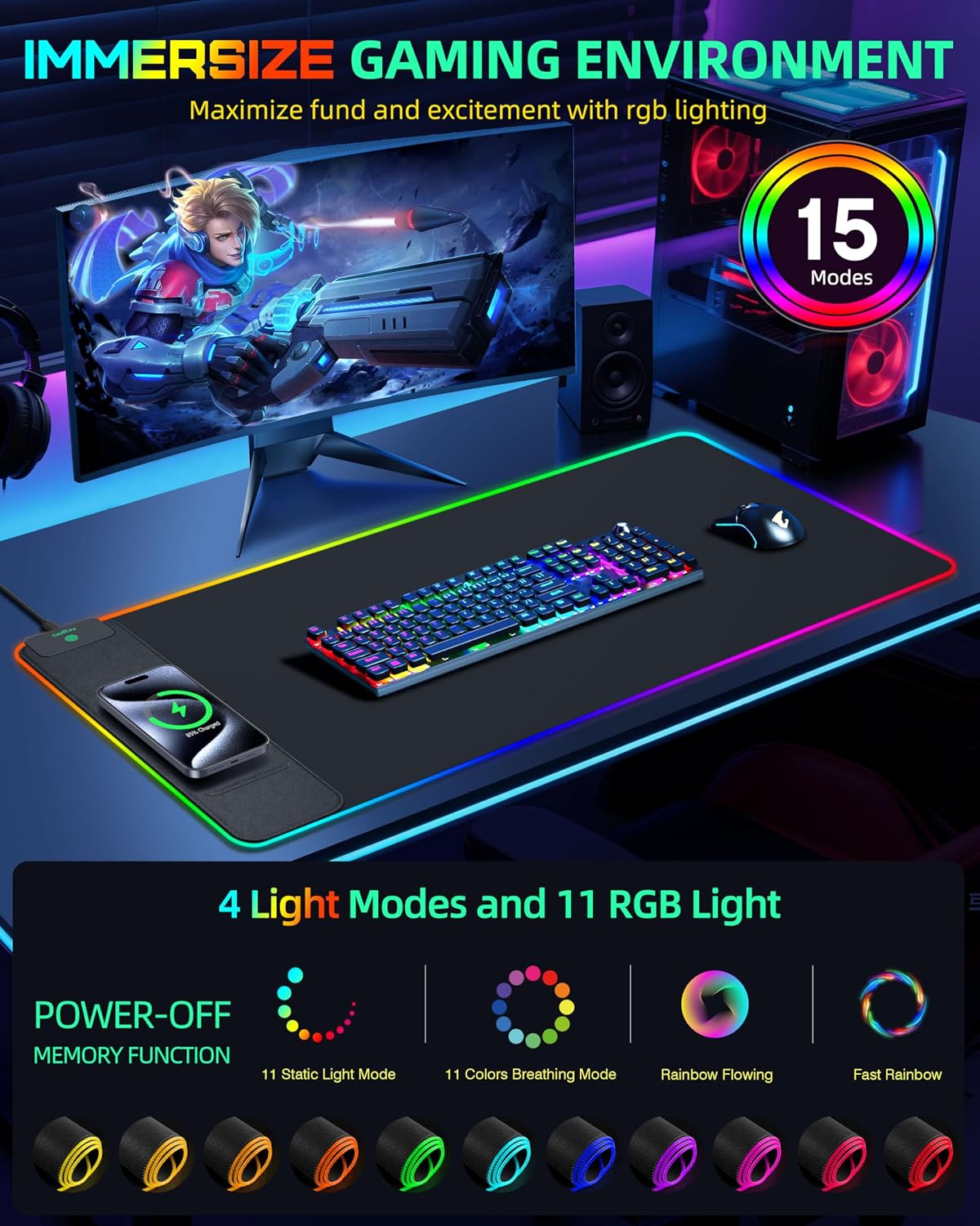 MOUSE PAD EXTRELIFE XXL CON CARGA INALÁMBRICA 15W Y RGB 31.5X15.7 PULGADAS - 3