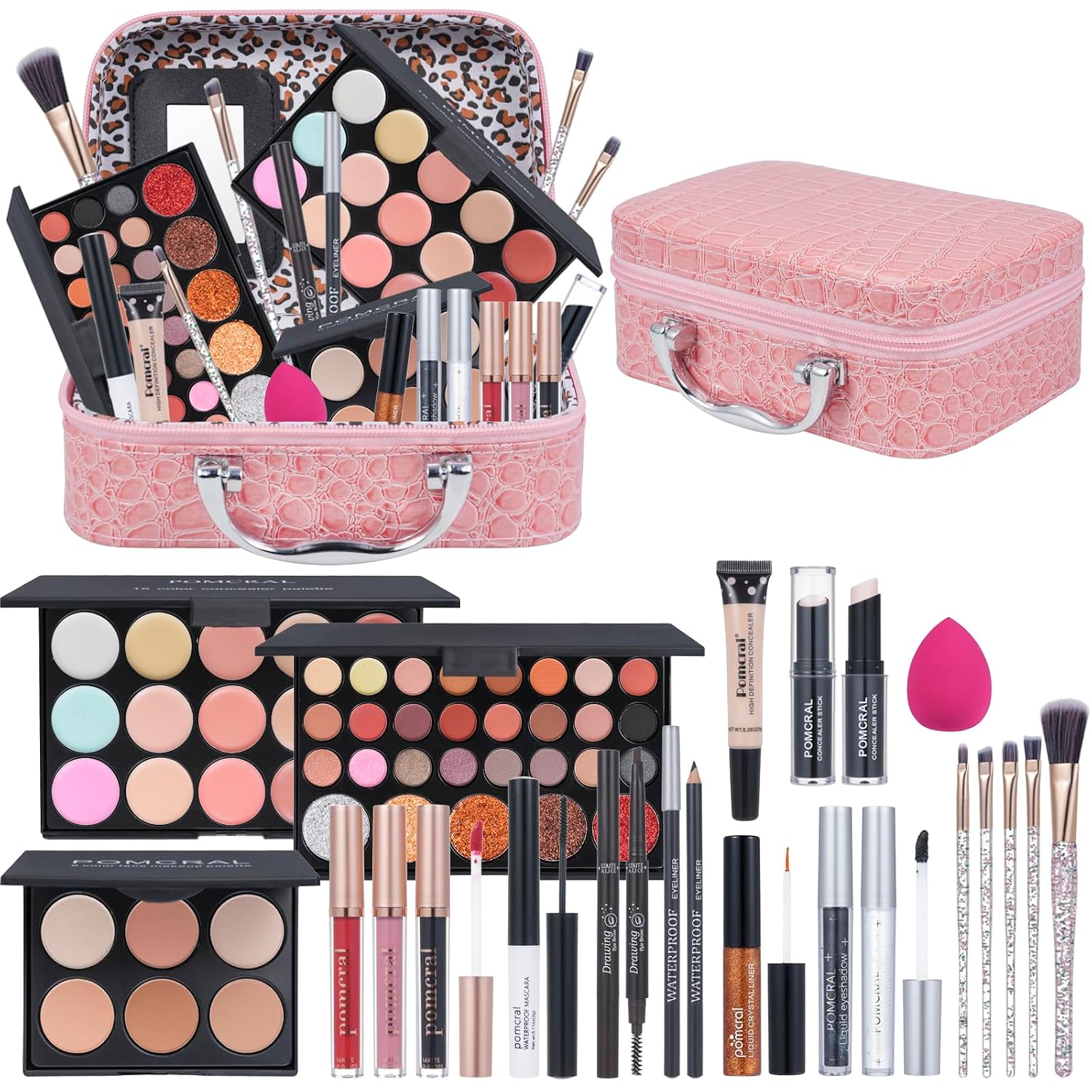 SET DE MAQUILLAJE POMCRAL PROFESIONAL CON PALETAS DE SOMBRAS, COLORES DE LABIOS, BROCHAS Y ESTUCHE ROSA - 1