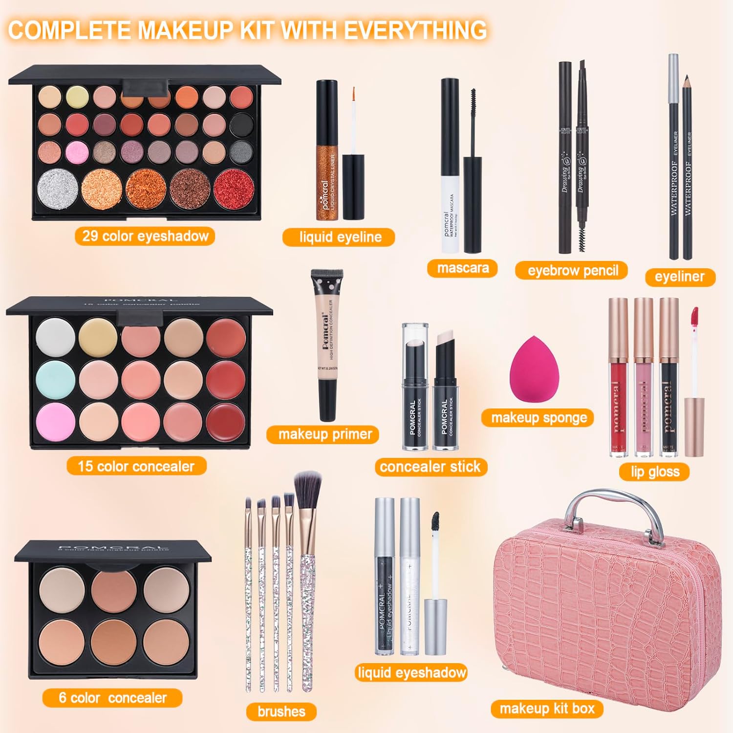 SET DE MAQUILLAJE POMCRAL PROFESIONAL CON PALETAS DE SOMBRAS, COLORES DE LABIOS, BROCHAS Y ESTUCHE ROSA - 2