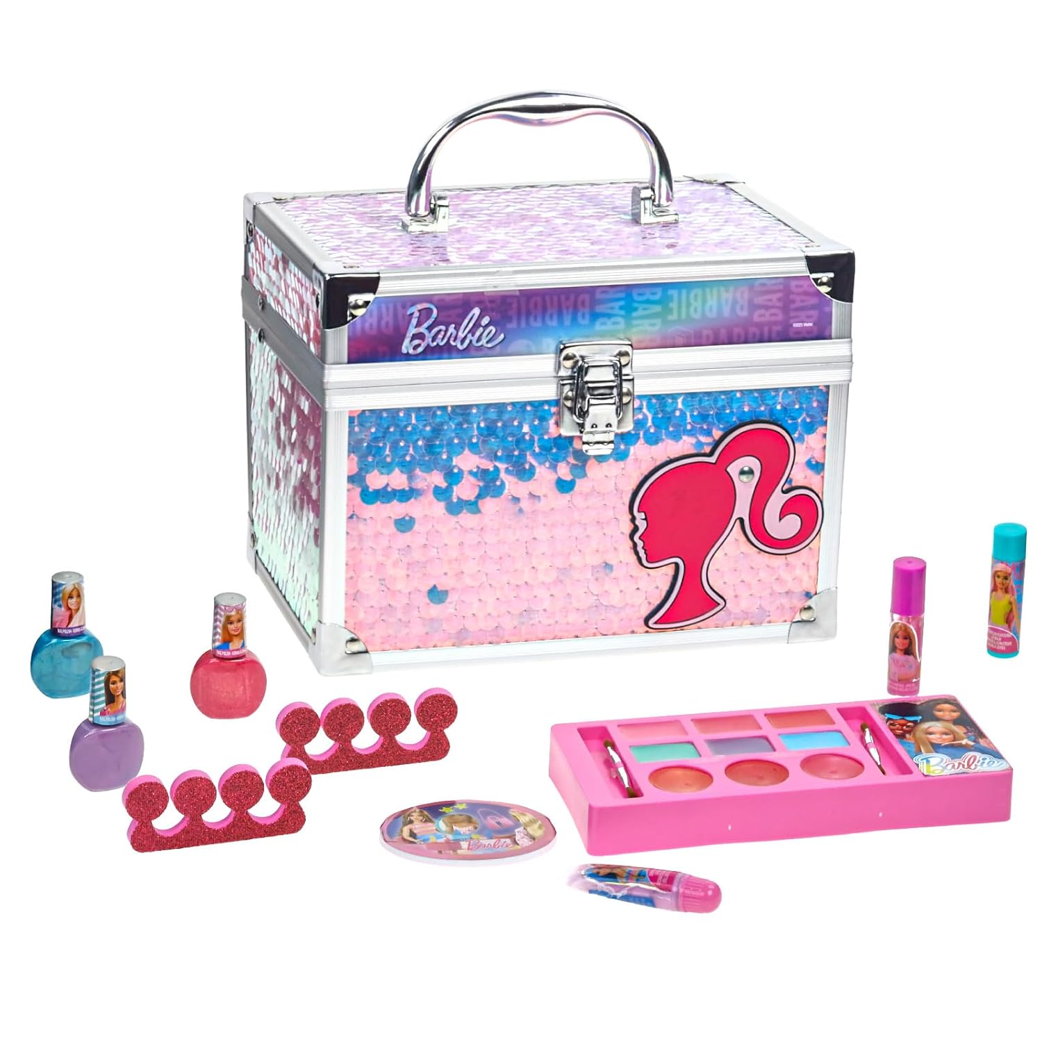 SET DE MAQUILLAJE BARBIE TOWNLEY GIRL CON ESTUCHE TIPO TREN Y MAQUILLAJE LAVABLE PARA NIÑAS 3+ - 1