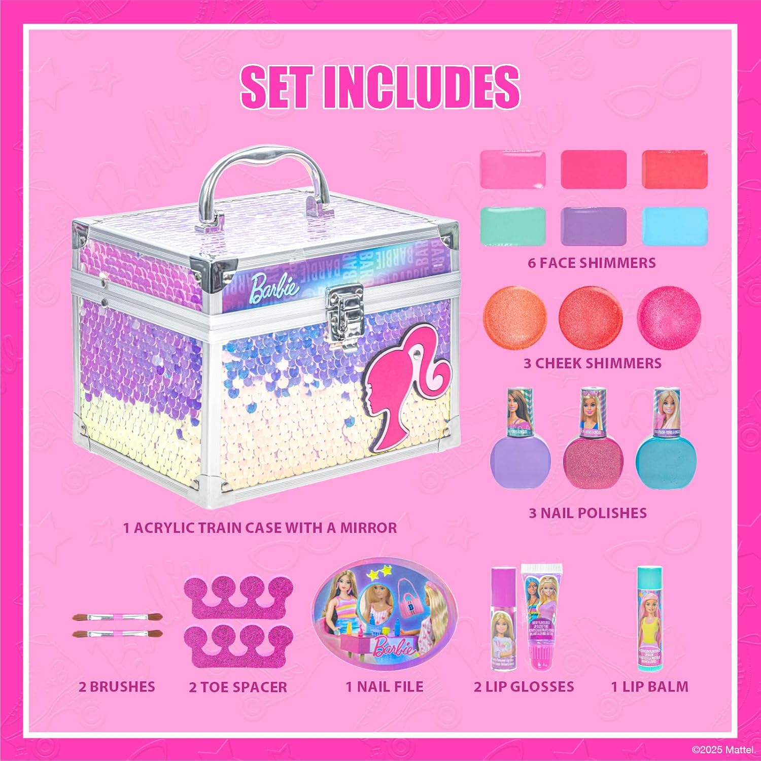 SET DE MAQUILLAJE BARBIE TOWNLEY GIRL CON ESTUCHE TIPO TREN Y MAQUILLAJE LAVABLE PARA NIÑAS 3+ - 2
