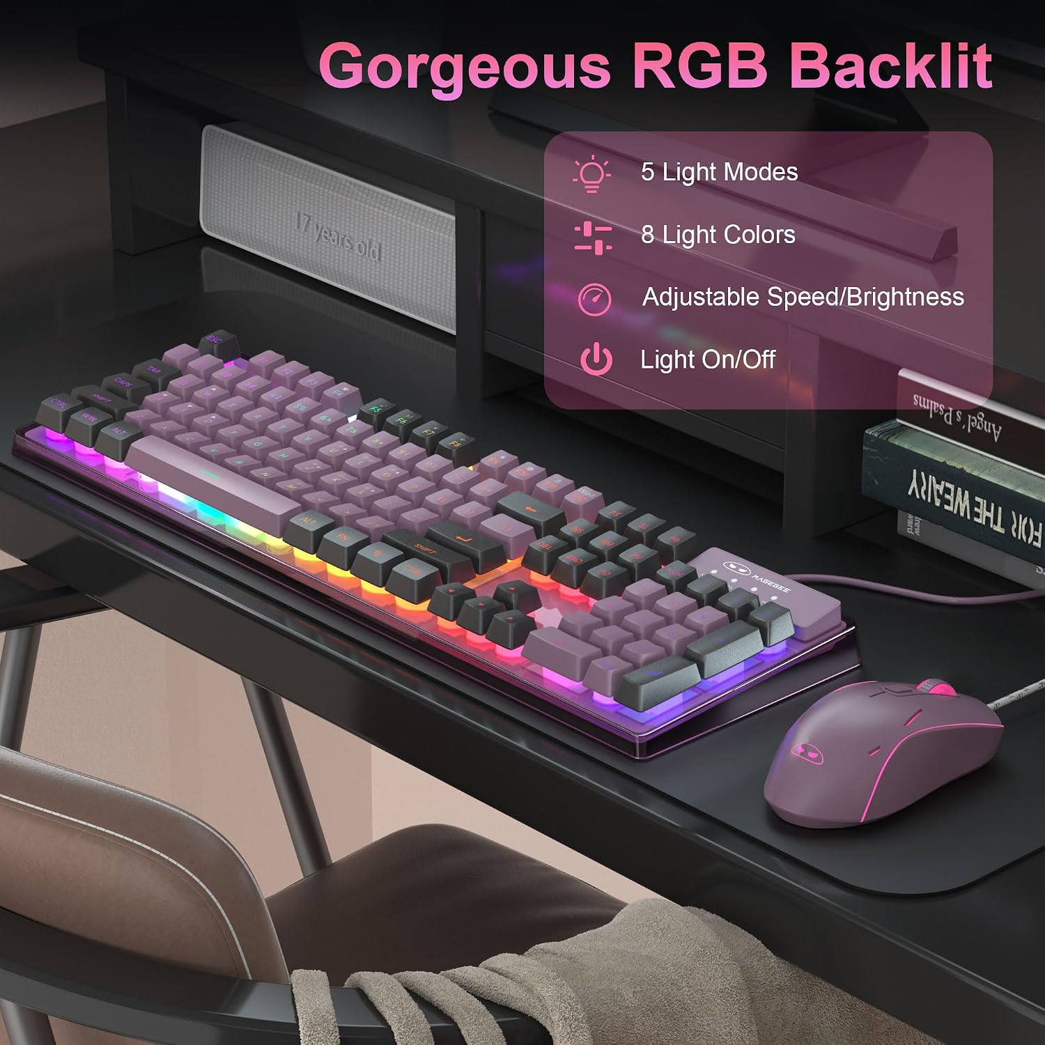 KIT DE TECLADO Y MOUSE MAGEGEE K1 RGB RETROILUMINADO 104 TECLAS NEGRO GROSELLA - 3