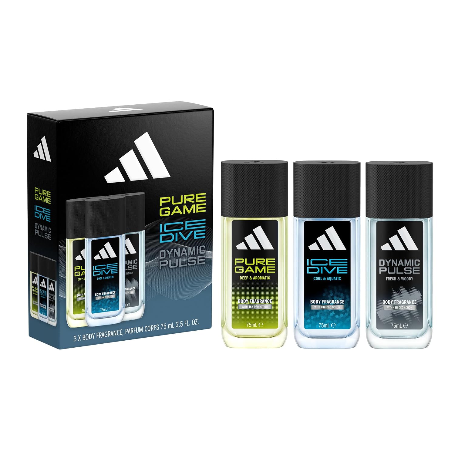 SET DE FRAGANCIAS PARA HOMBRE ADIDAS PURE GAME, ICE DIVE Y DYNAMIC PULSE 75ML - 1