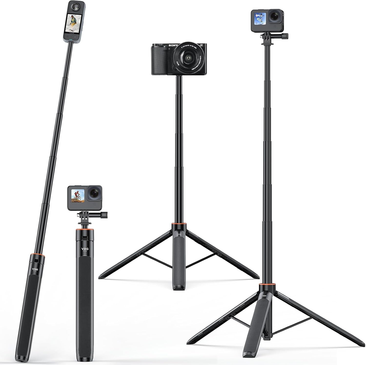 TRÍPODE PARA CÁMARA VRIG TP21 TELESCÓPICO 54 PULGADAS CON SELFIE STICK Y SOPORTE IMPERMEABLE - 1