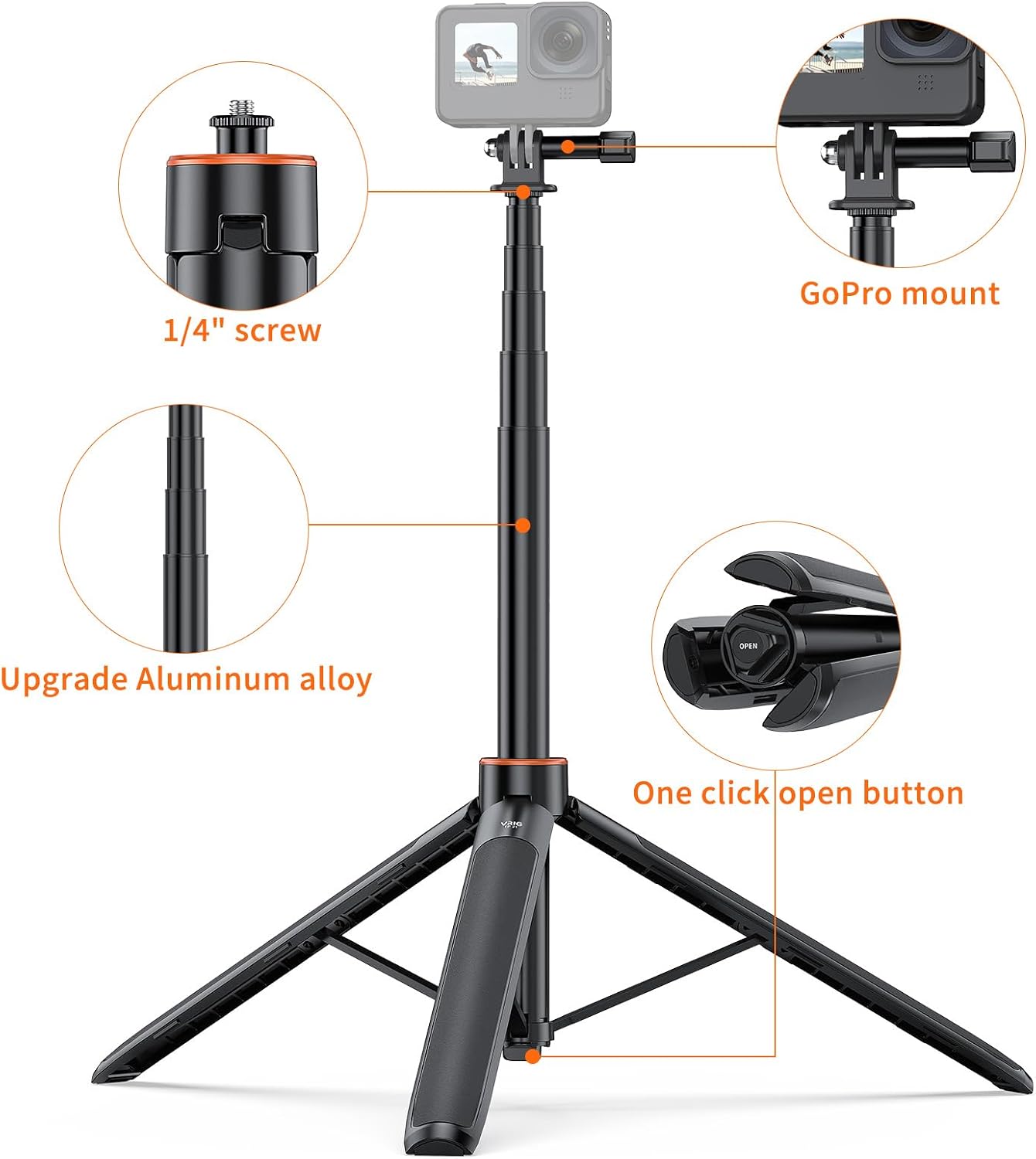 TRÍPODE PARA CÁMARA VRIG TP21 TELESCÓPICO 54 PULGADAS CON SELFIE STICK Y SOPORTE IMPERMEABLE - 4