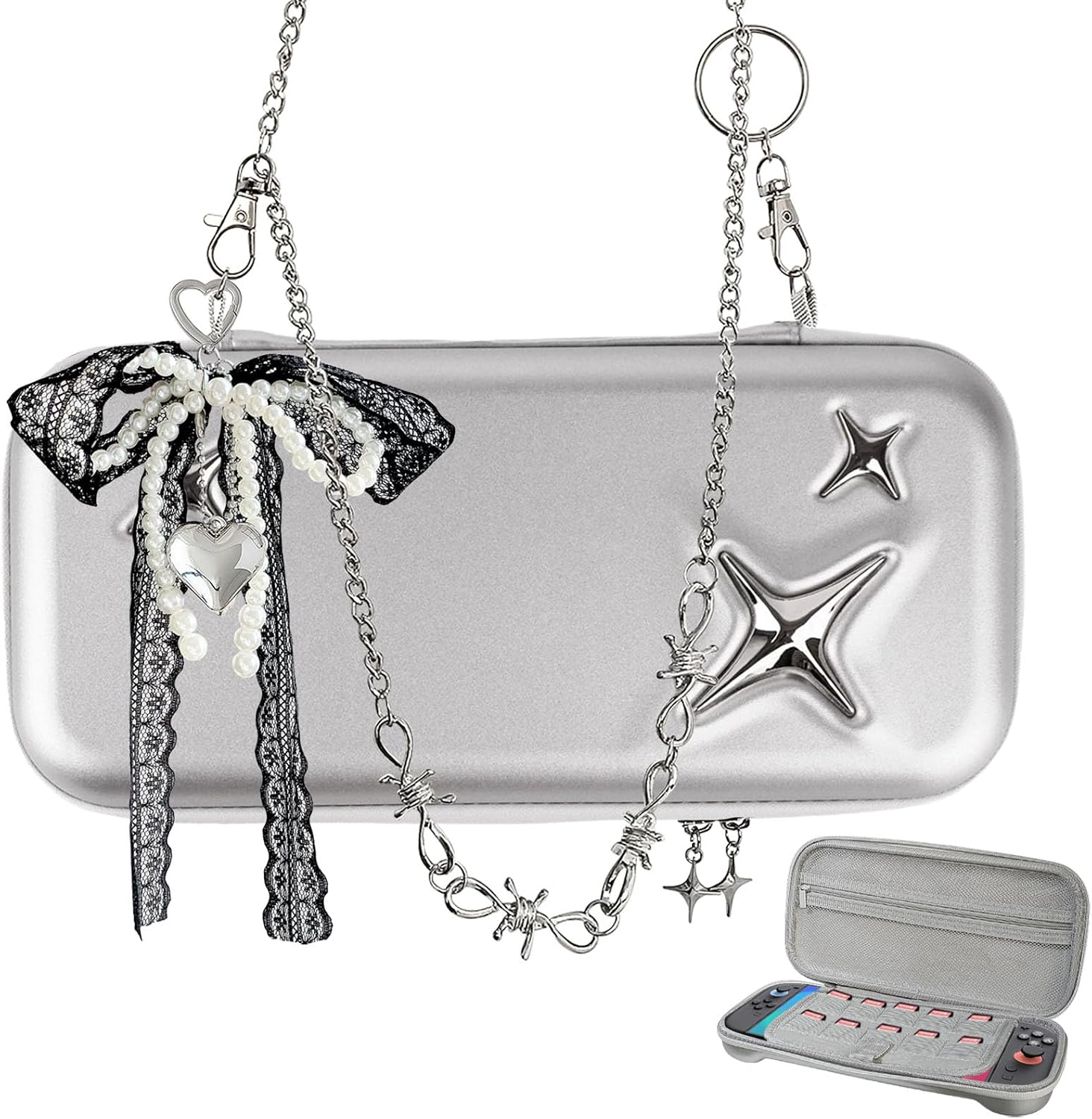 ESTUCHE PROTECTOR VIRGOCCY Y2K SILVER PARA NINTENDO SWITCH 2 2025 CON CORREA Y CHARMS - 1
