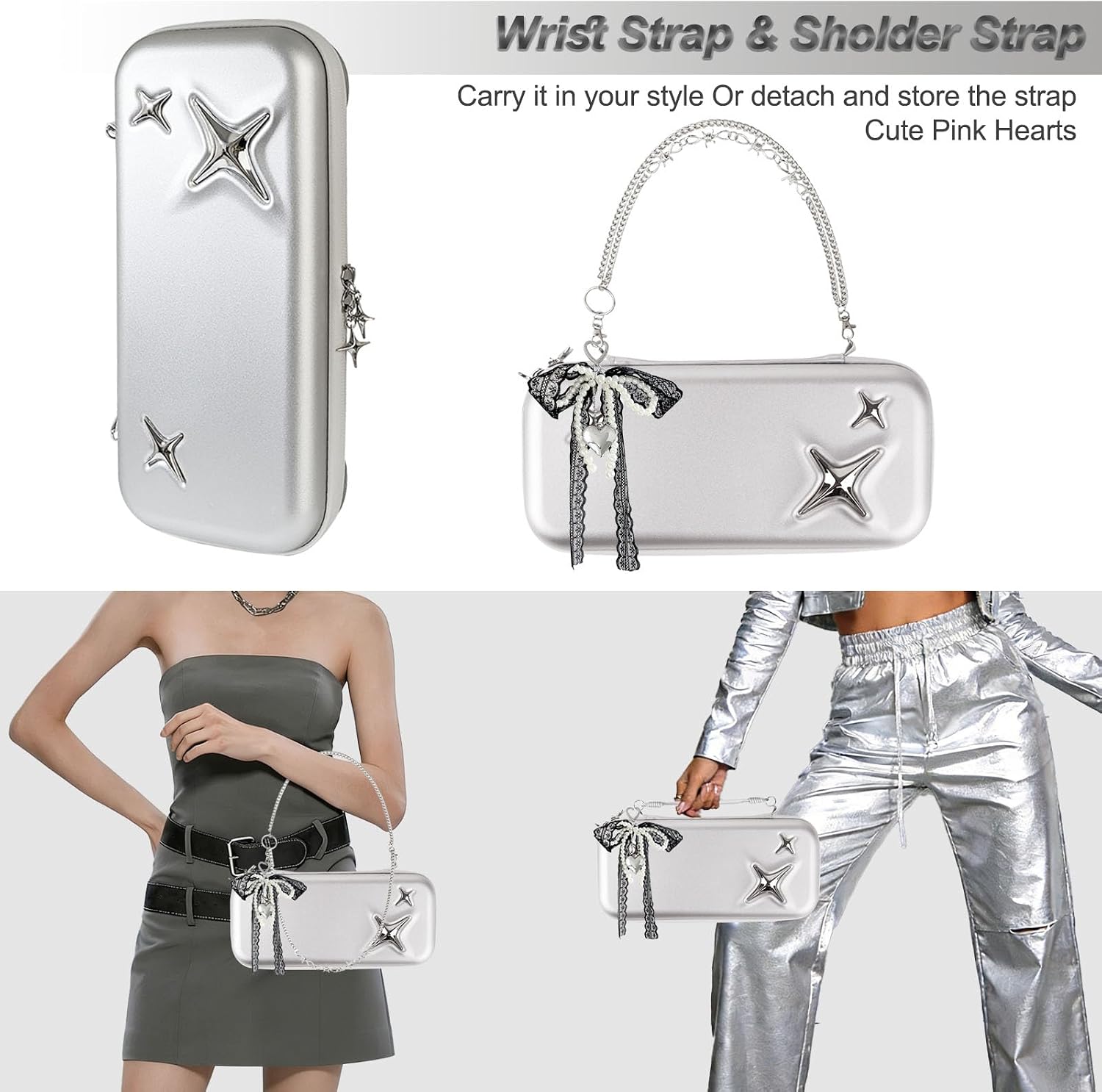 ESTUCHE PROTECTOR VIRGOCCY Y2K SILVER PARA NINTENDO SWITCH 2 2025 CON CORREA Y CHARMS - 3