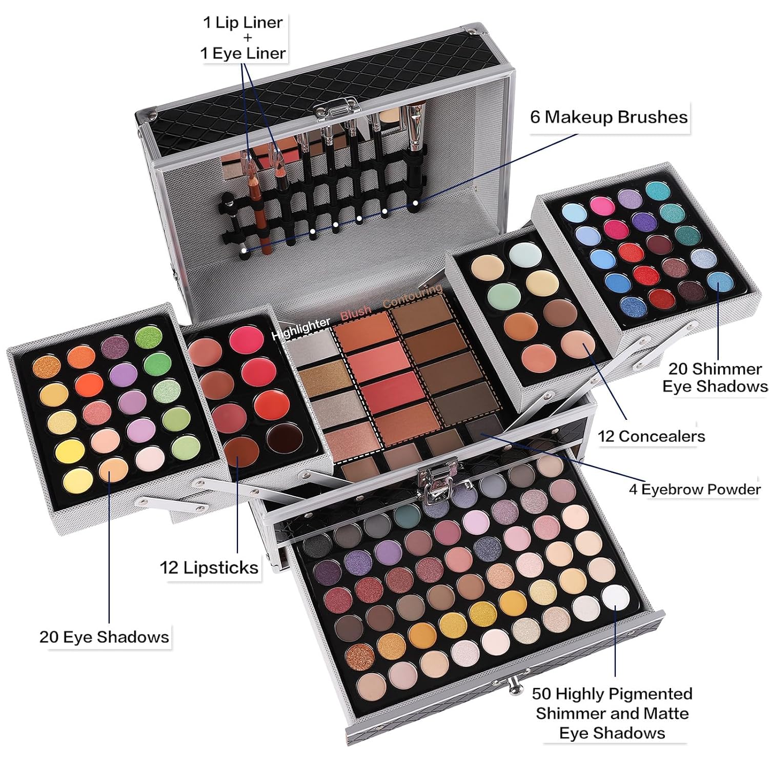 SET DE MAQUILLAJE CHARMCODE ALL IN ONE CON SOMBRAS, LABIALES, CORRECTORES Y BROCHAS NEGRO - 4