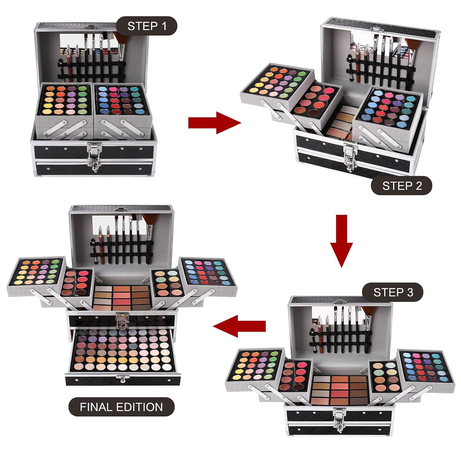 SET DE MAQUILLAJE CHARMCODE ALL IN ONE CON SOMBRAS, LABIALES, CORRECTORES Y BROCHAS NEGRO - 5