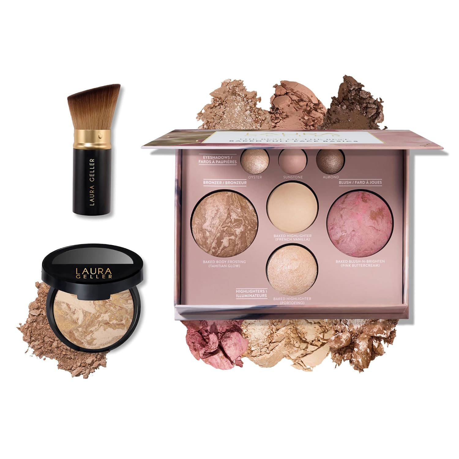 SET DE MAQUILLAJE LAURA GELLER BAKED STARTER KIT CON BASE EN POLVO MEDIUM, PALETA BEST OF THE BEST Y BROCHA KABUKI RETRÁCTIL - 1