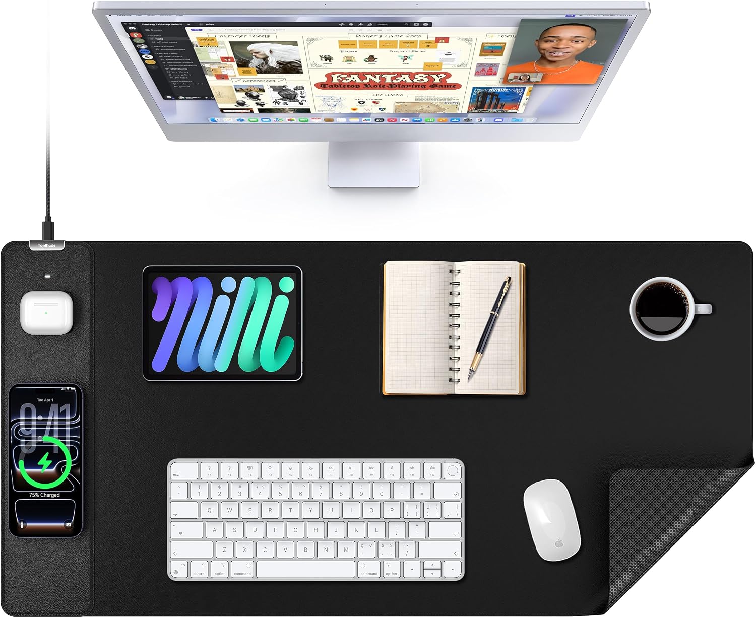 MOUSE PAD TOPMADE XXL CON CARGA INALÁMBRICA 15W NEGRO - 1
