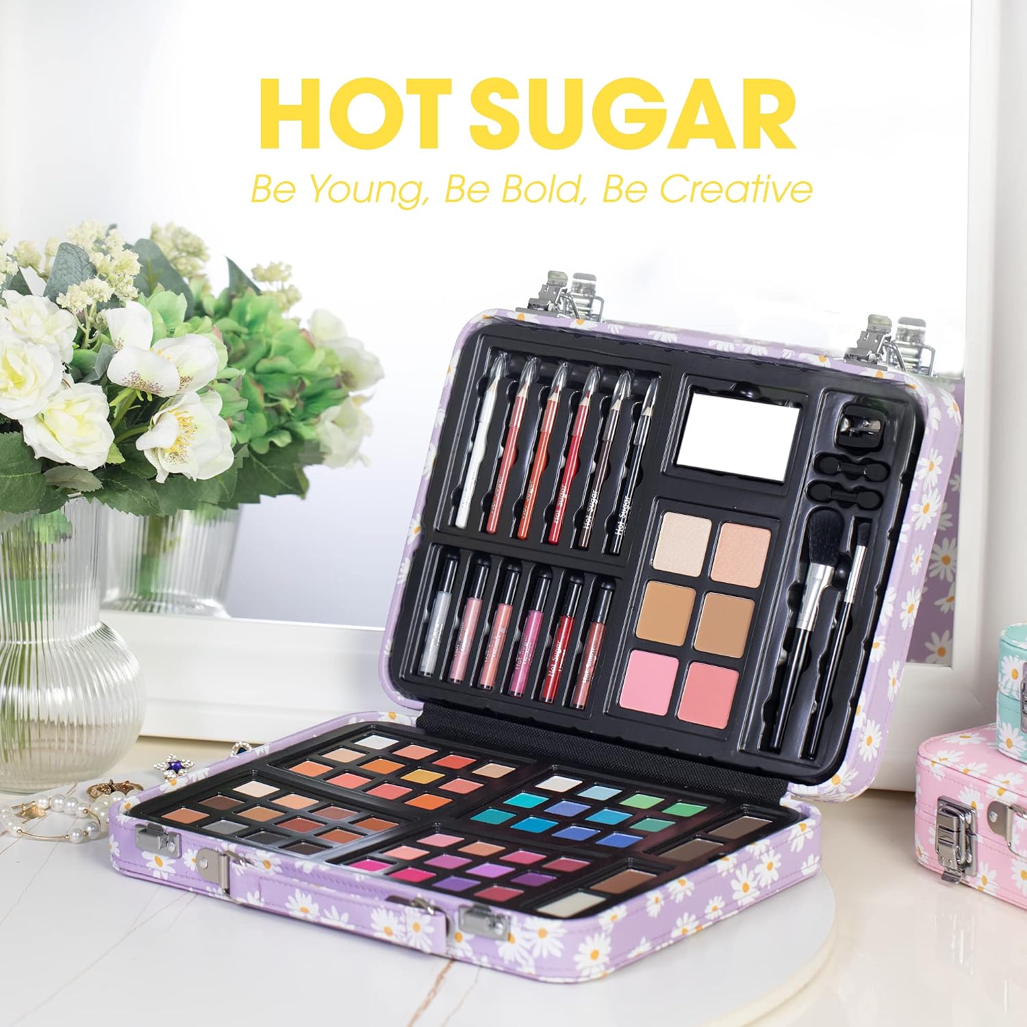SET DE MAQUILLAJE HOT SUGAR DELUXE PARA ADOLESCENTES MORADO CON DISEÑO MARGARITAS - 5