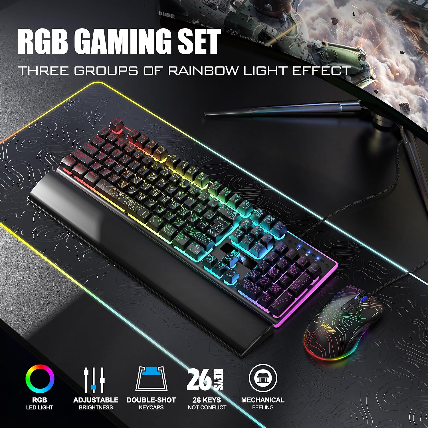 KIT DE TECLADO Y MOUSE GAMING REDTHUNDER K10 CON REPOSAMUÑECAS, RGB AJUSTABLE, TECLADO MECÁNICO Y MOUSE 7200 DPI - 2