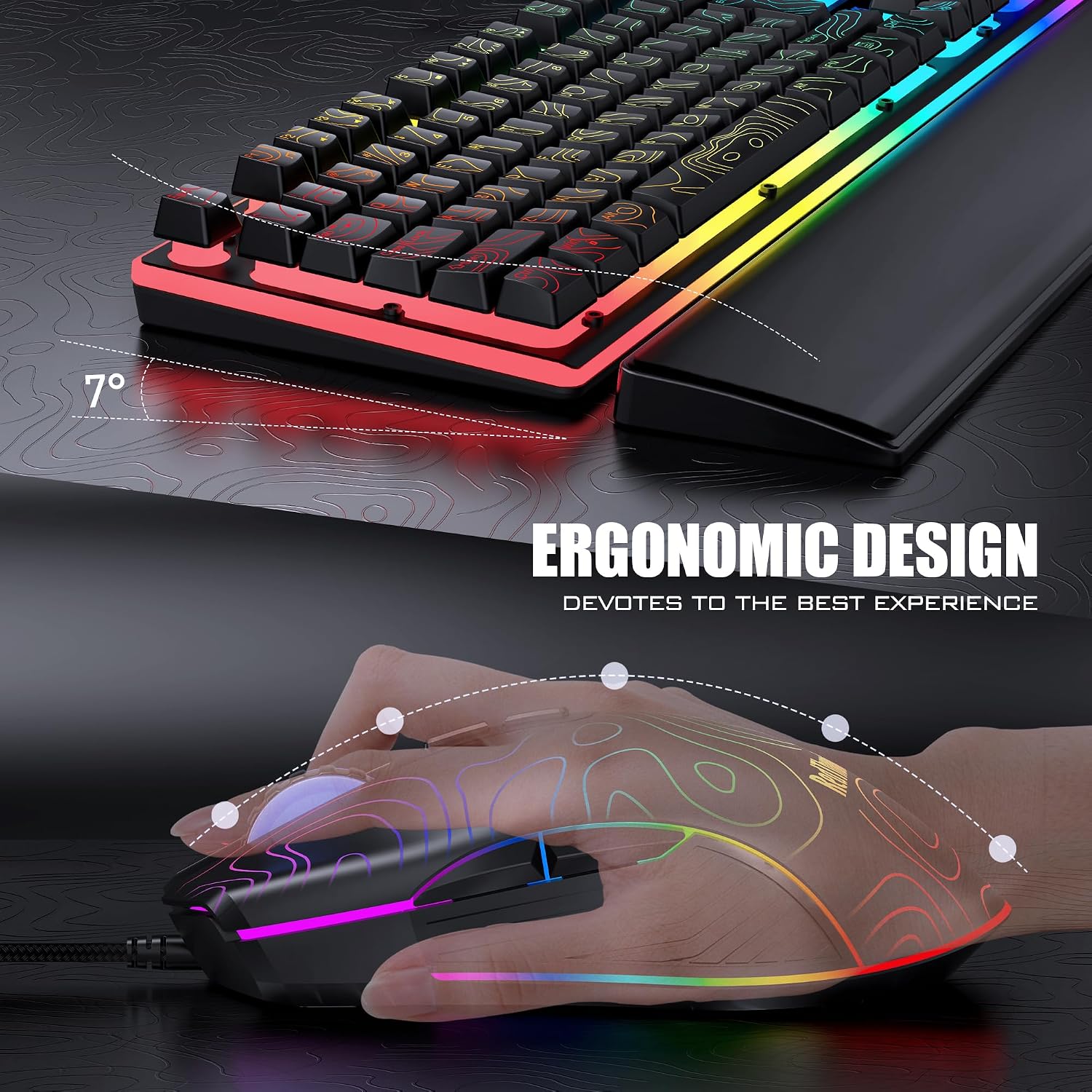 KIT DE TECLADO Y MOUSE GAMING REDTHUNDER K10 CON REPOSAMUÑECAS, RGB AJUSTABLE, TECLADO MECÁNICO Y MOUSE 7200 DPI - 5
