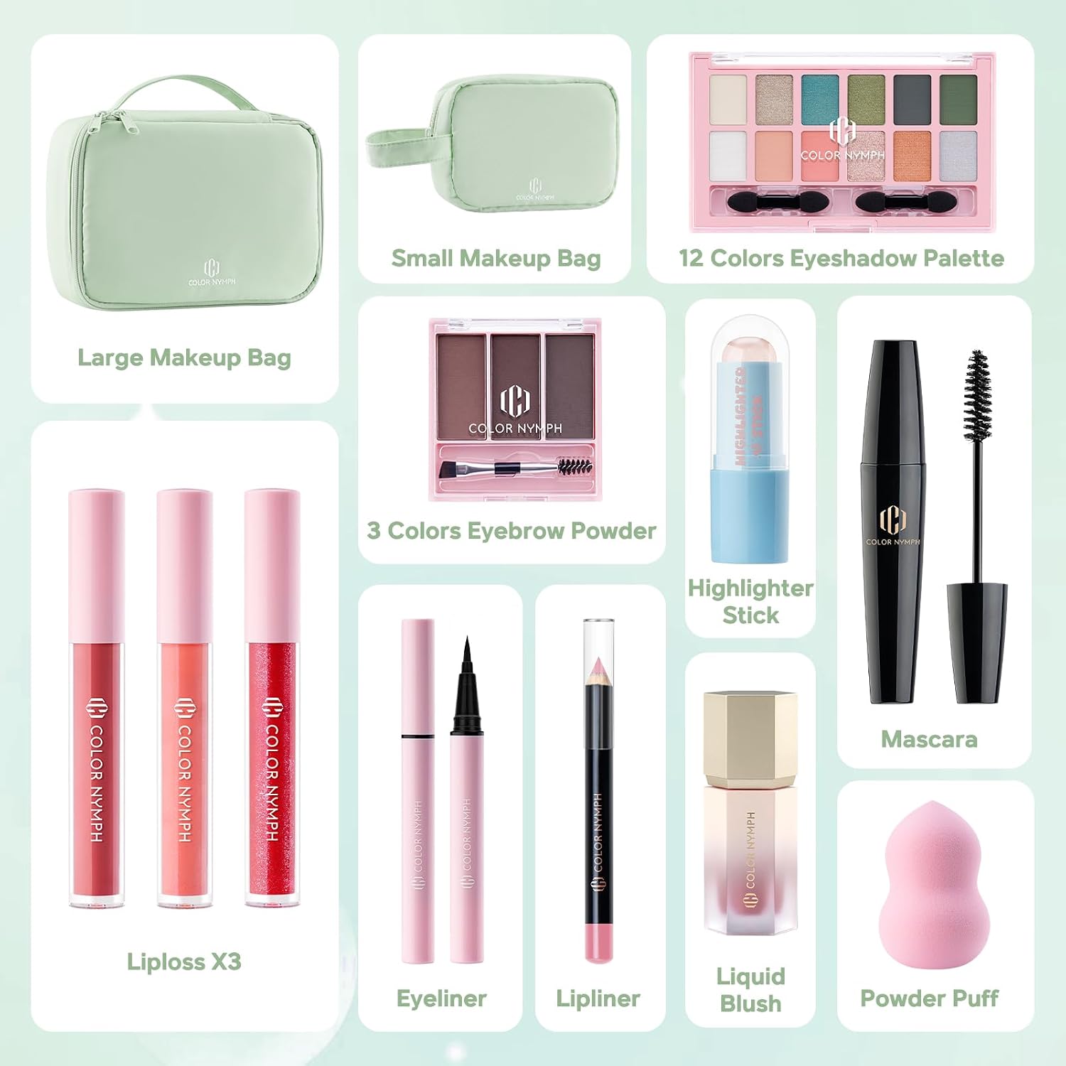 SET DE MAQUILLAJE COLOR NYMPH CON ORGANIZADOR DE VIAJE VERDE - 2