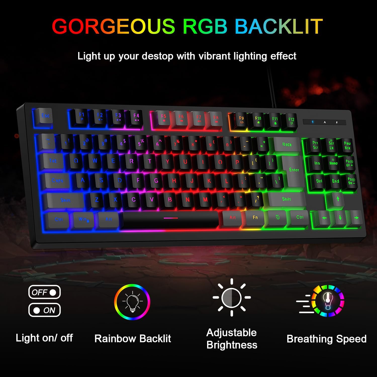 KIT DE TECLADO Y MOUSE BLUEFINGER RGB 87 TECLAS CON RETROILUMINACIÓN USB CABLEADO GRIS Y NEGRO - 3