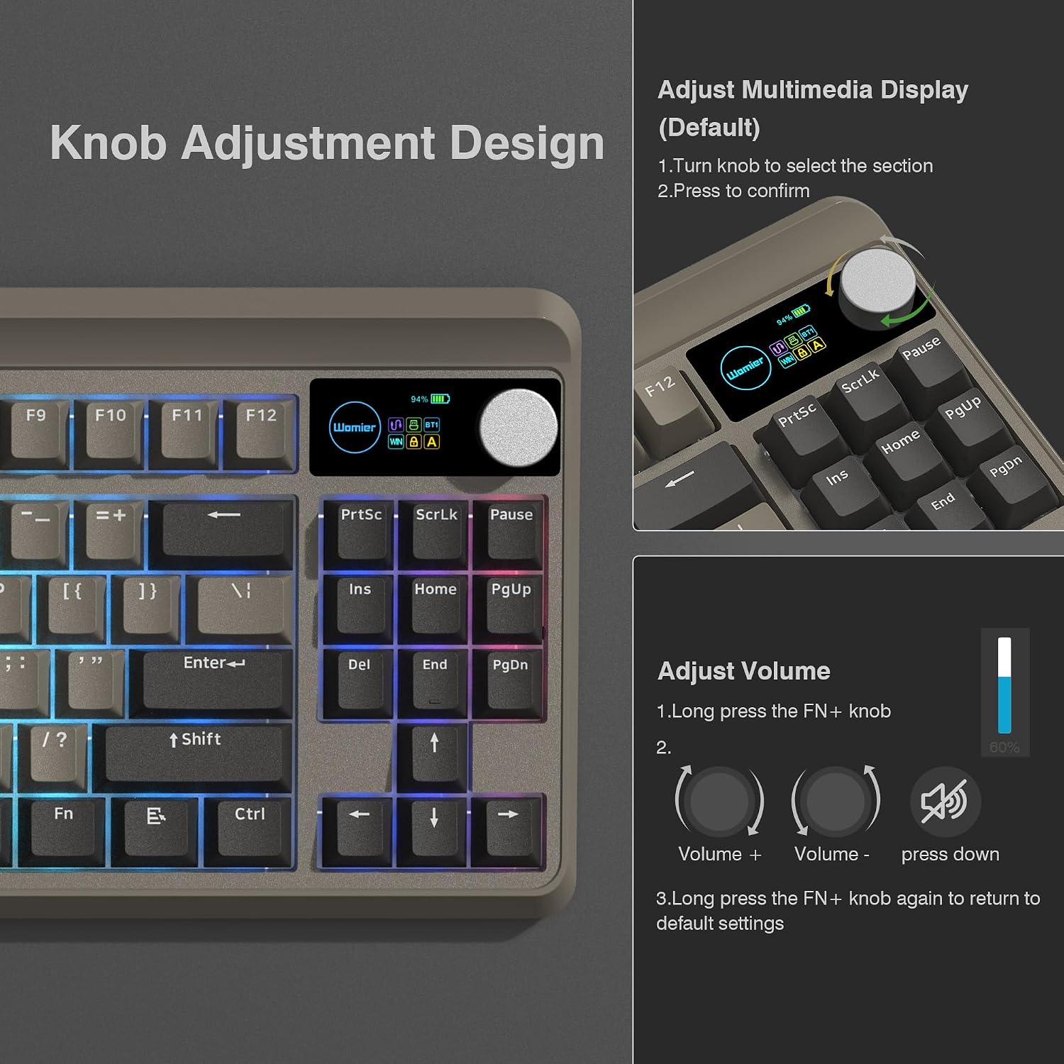 TECLADO INALÁMBRICO COSTOM WOMIER RETRO 75% BLUETOOTH CON PANTALLA INTELIGENTE Y PERILLA - 3