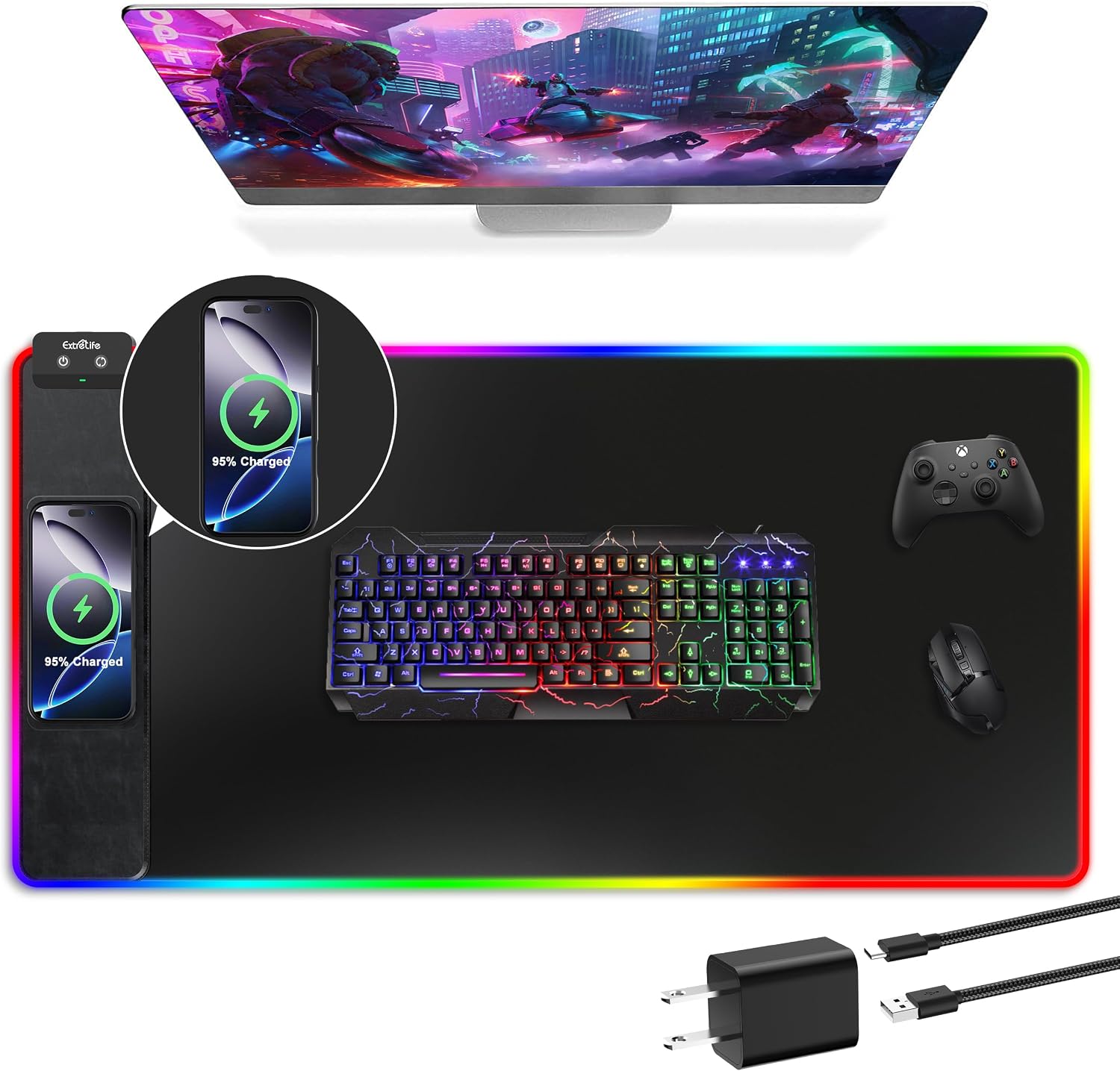 MOUSE PAD EXTRELIFE CON CARGA INALÁMBRICA 31.5X15.7 PULGADAS - 1