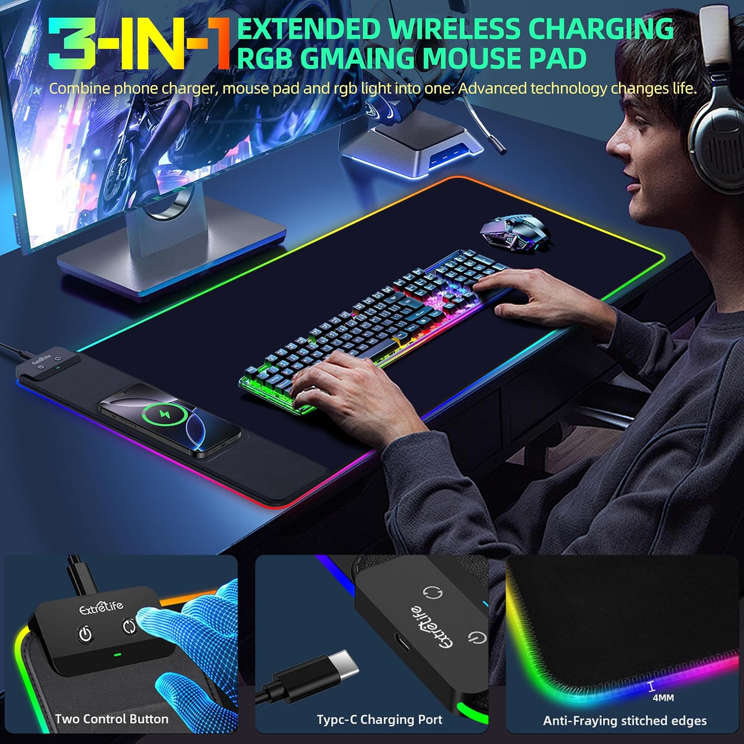 MOUSE PAD EXTRELIFE CON CARGA INALÁMBRICA 31.5X15.7 PULGADAS - 2