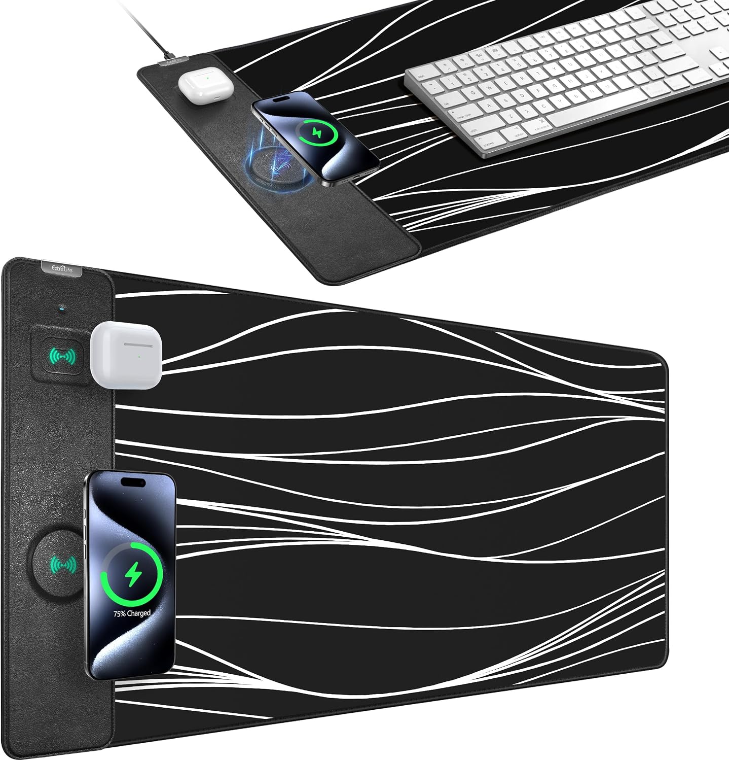 MOUSE PAD EXTRELIFE XXL CON CARGA INALÁMBRICA MAGNÉTICA 80X40 CM NEGRO - 1