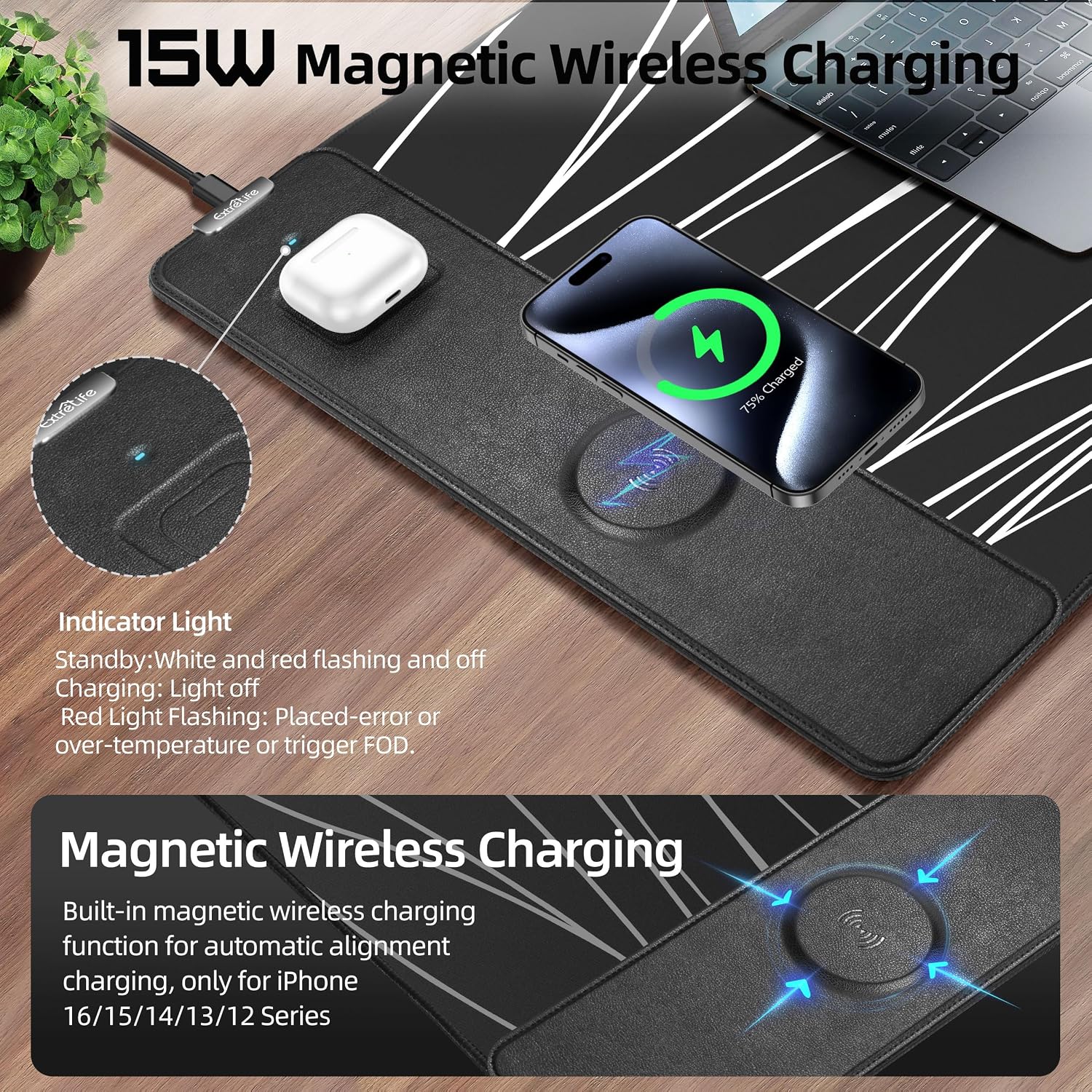 MOUSE PAD EXTRELIFE XXL CON CARGA INALÁMBRICA MAGNÉTICA 80X40 CM NEGRO - 2