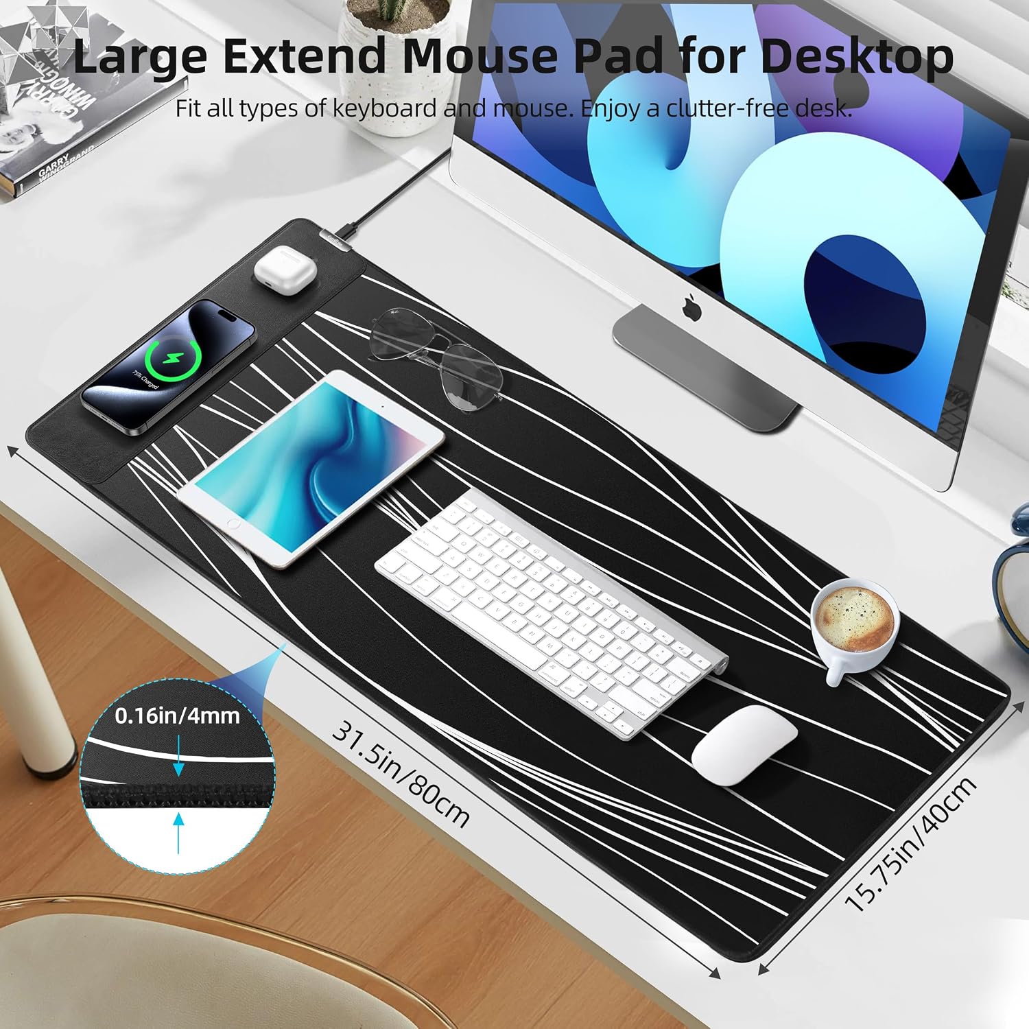 MOUSE PAD EXTRELIFE XXL CON CARGA INALÁMBRICA MAGNÉTICA 80X40 CM NEGRO - 4