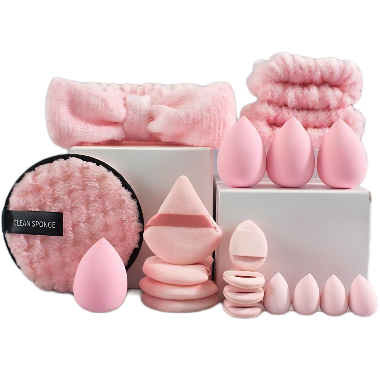SET DE MAQUILLAJE SUNIYA CON ESPONJAS, BANDA PARA CABEZA Y MUÑEQUERAS ROSA - 1