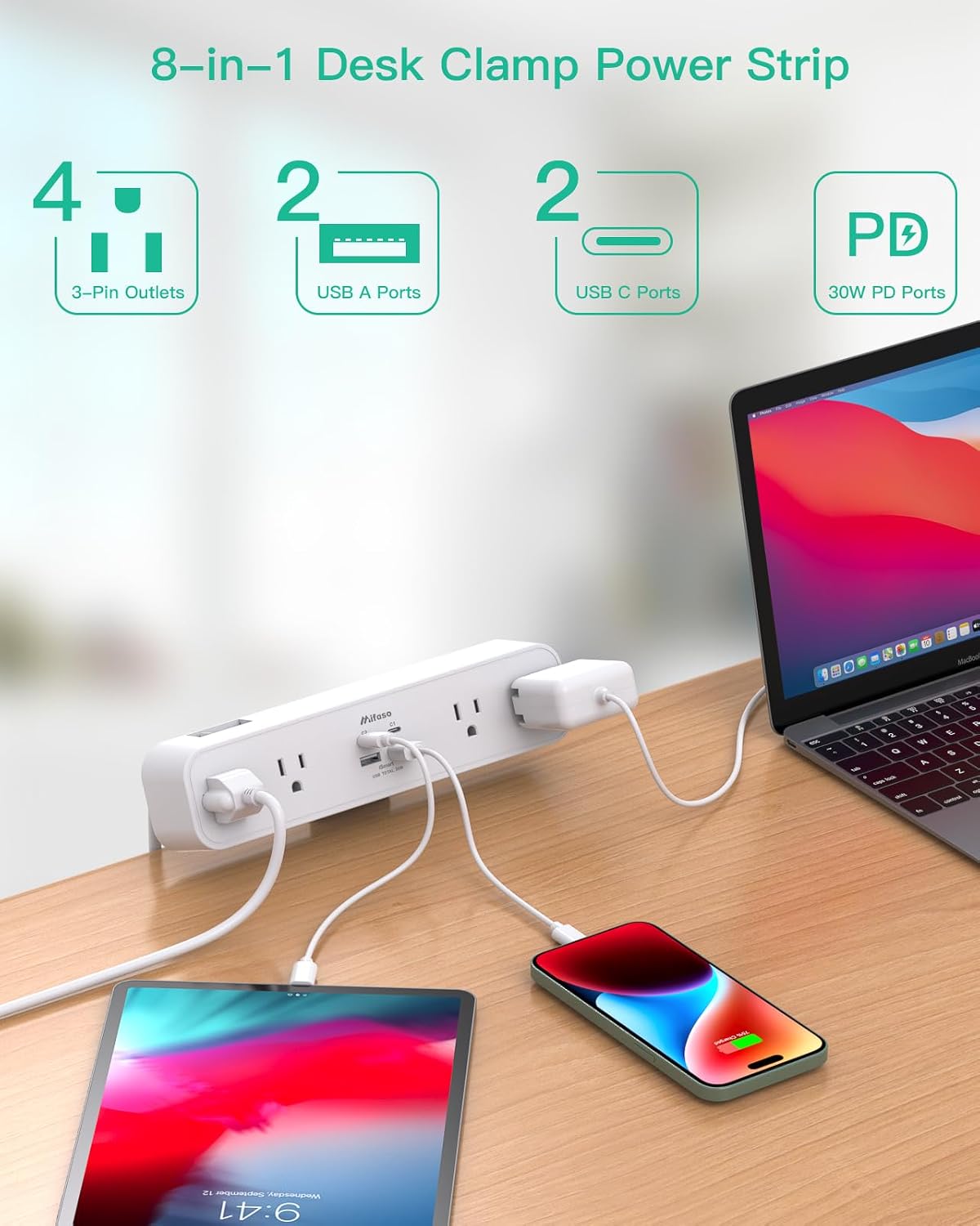 REGLETA CON ABRAZADERA MIFASO PD30W 4 TOMAS 2 USB-A 2 USB-C 30W PD - 3