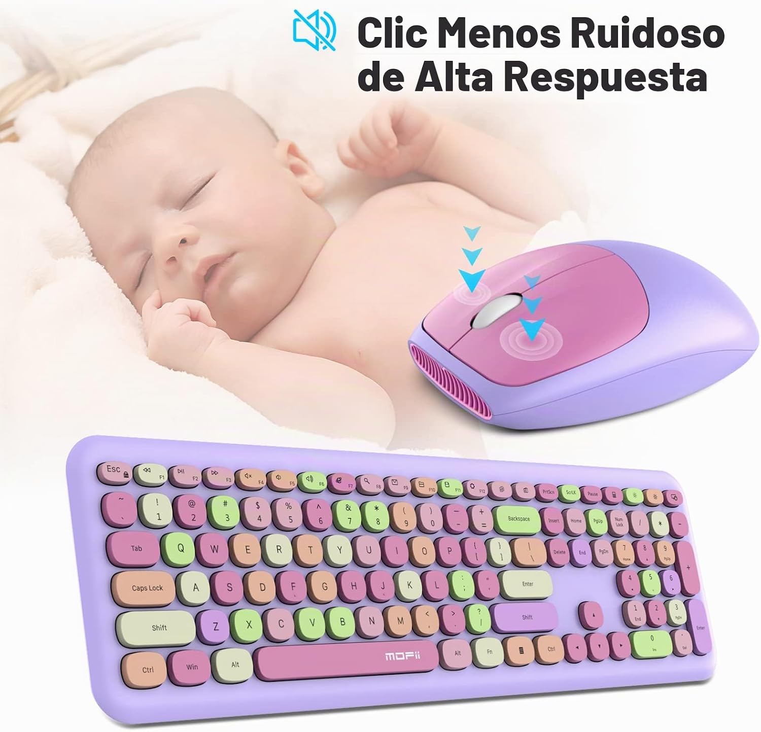 KIT DE TECLADO Y MOUSE INALÁMBRICO MOFII MODELO PURPLE COLORFUL - 3