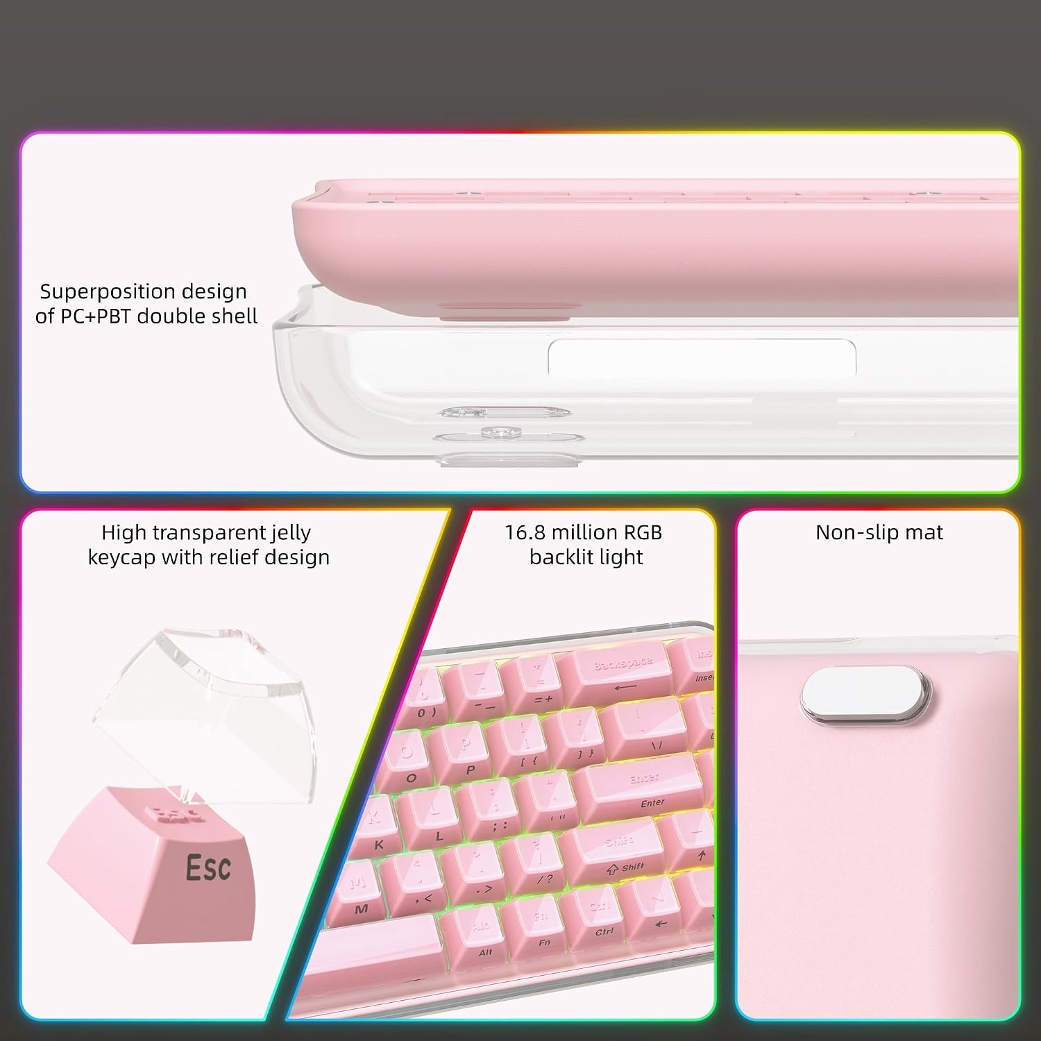 TECLADO MECÁNICO INALÁMBRICO WOMIER Q61 PRO 60% JELLY PINK - 3