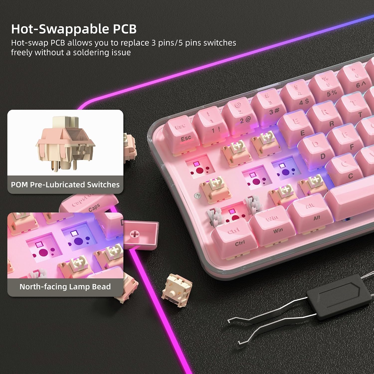 TECLADO MECÁNICO INALÁMBRICO WOMIER Q61 PRO 60% JELLY PINK - 5