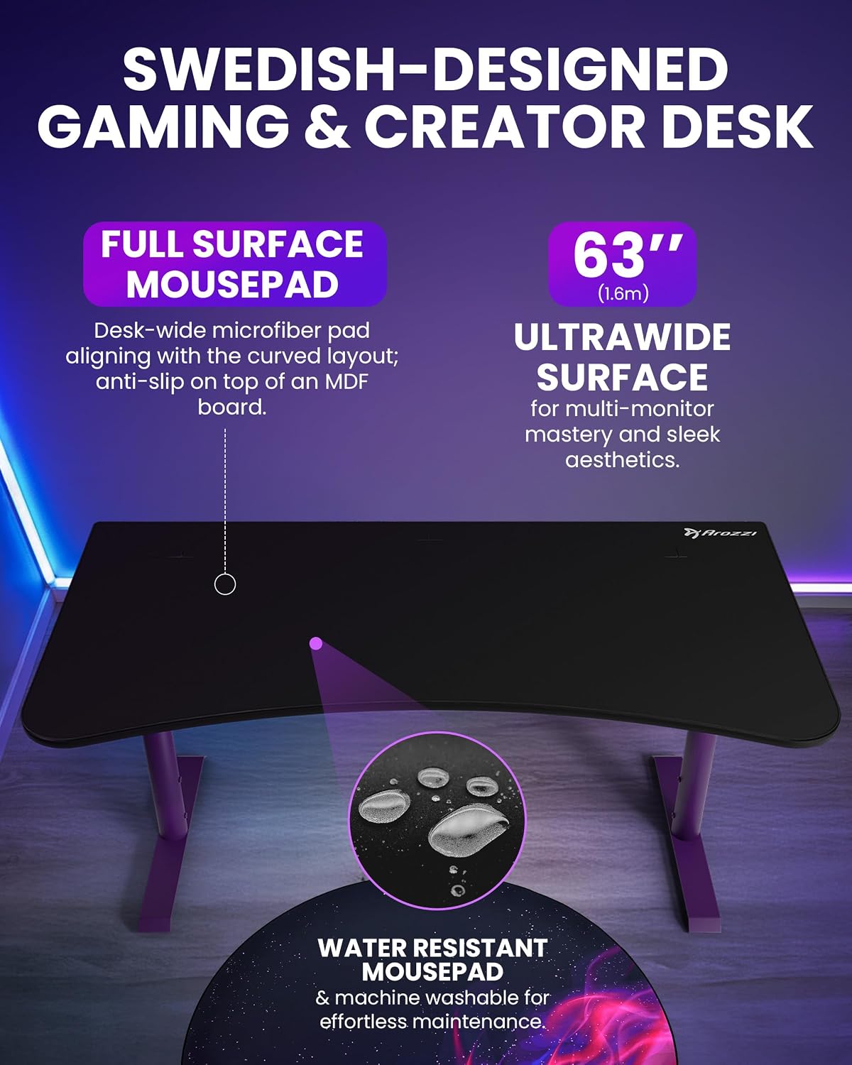 ESCRITORIO AROZZI ARENA ULTRAWIDE CURVO GAMING Y OFICINA CON TAPETE RESISTENTE AL AGUA Y SOPORTES PARA 3 MONITORES PÚRPURA - 4