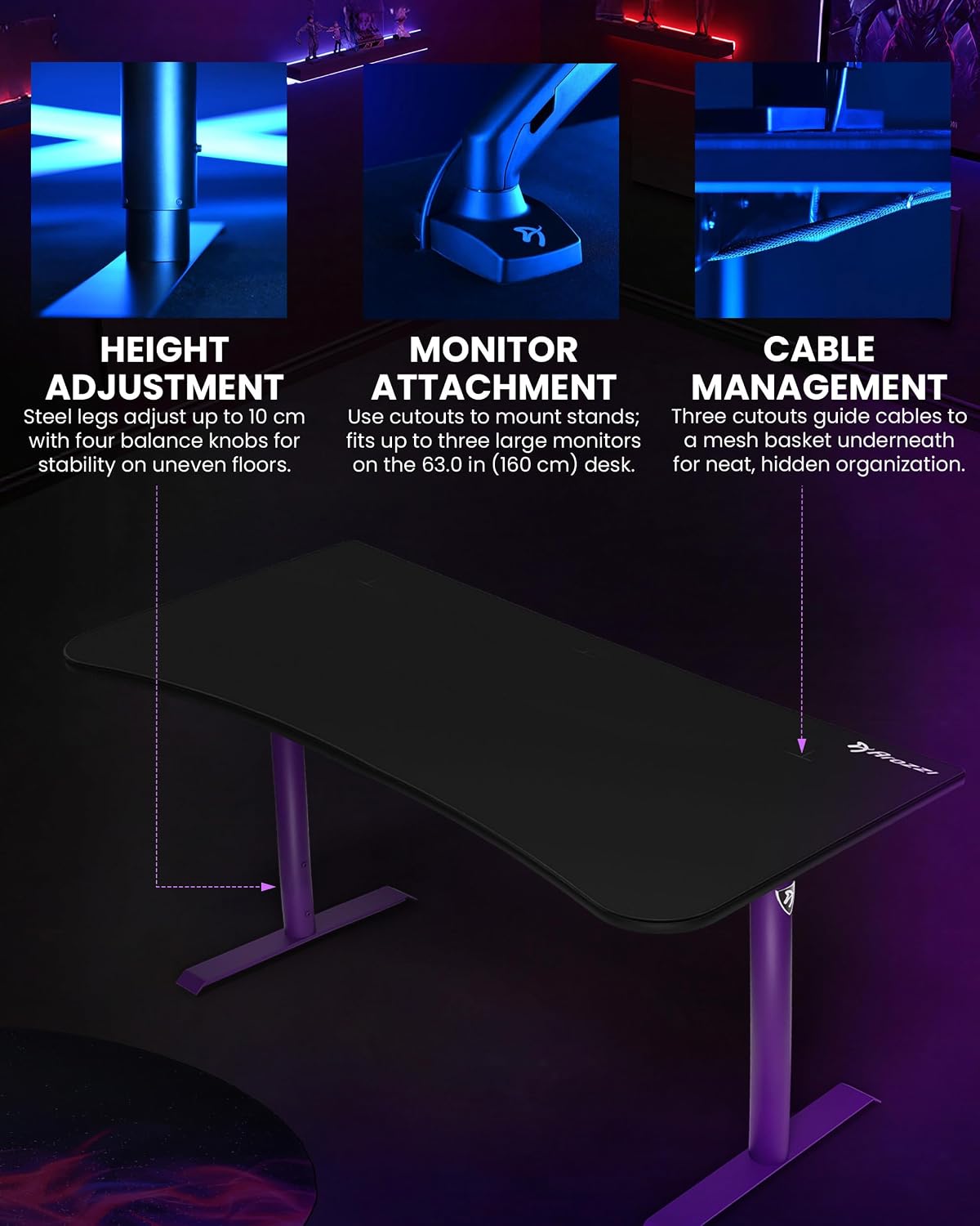 ESCRITORIO AROZZI ARENA ULTRAWIDE CURVO GAMING Y OFICINA CON TAPETE RESISTENTE AL AGUA Y SOPORTES PARA 3 MONITORES PÚRPURA - 5
