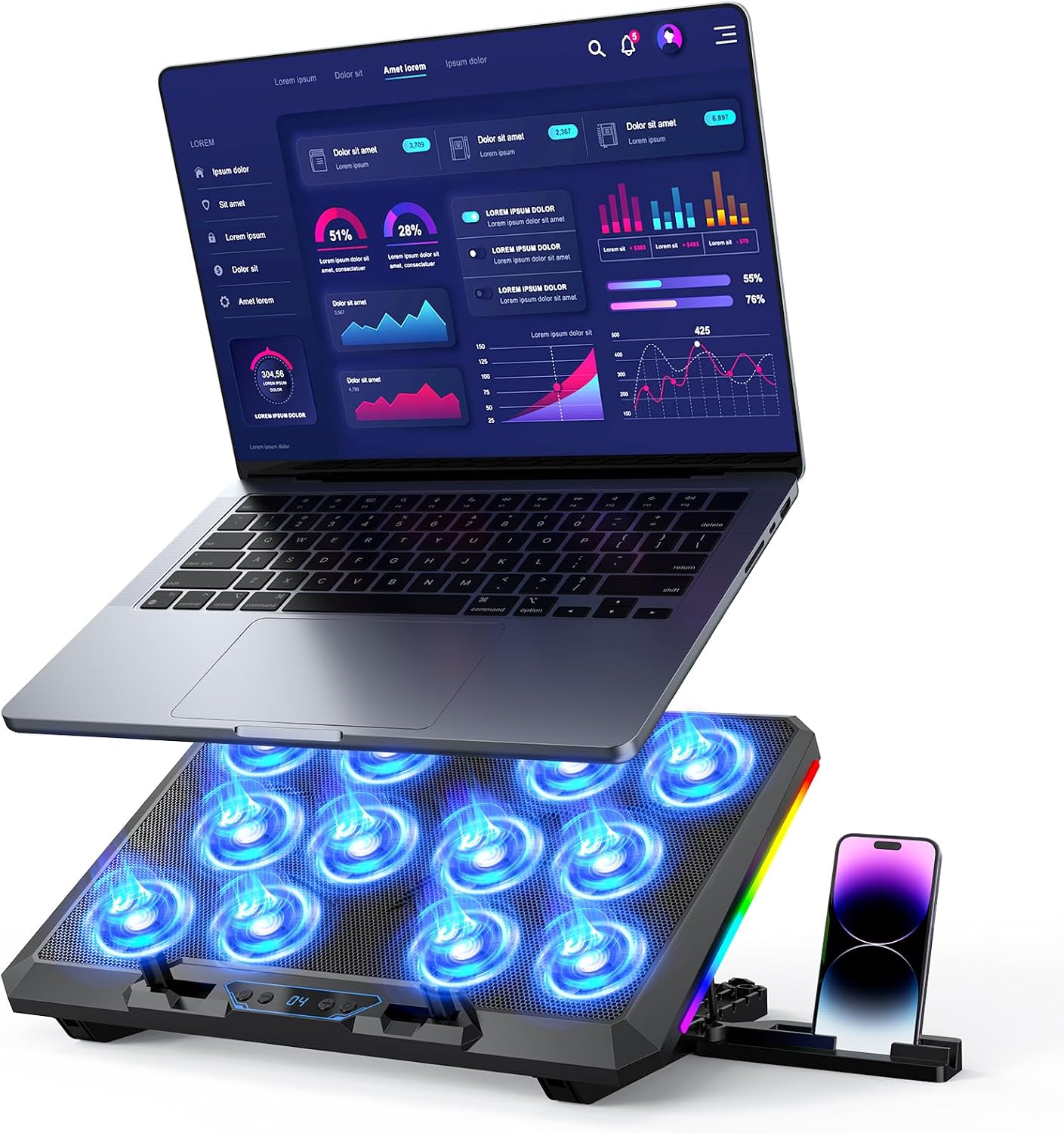 BASE DE ENFRIAMIENTO PARA LAPTOP TRULLYPINE F12 CON 12 VENTILADORES SILENCIOSOS, RGB Y SOPORTE AJUSTABLE PARA LAPTOPS DE 12 A - 1