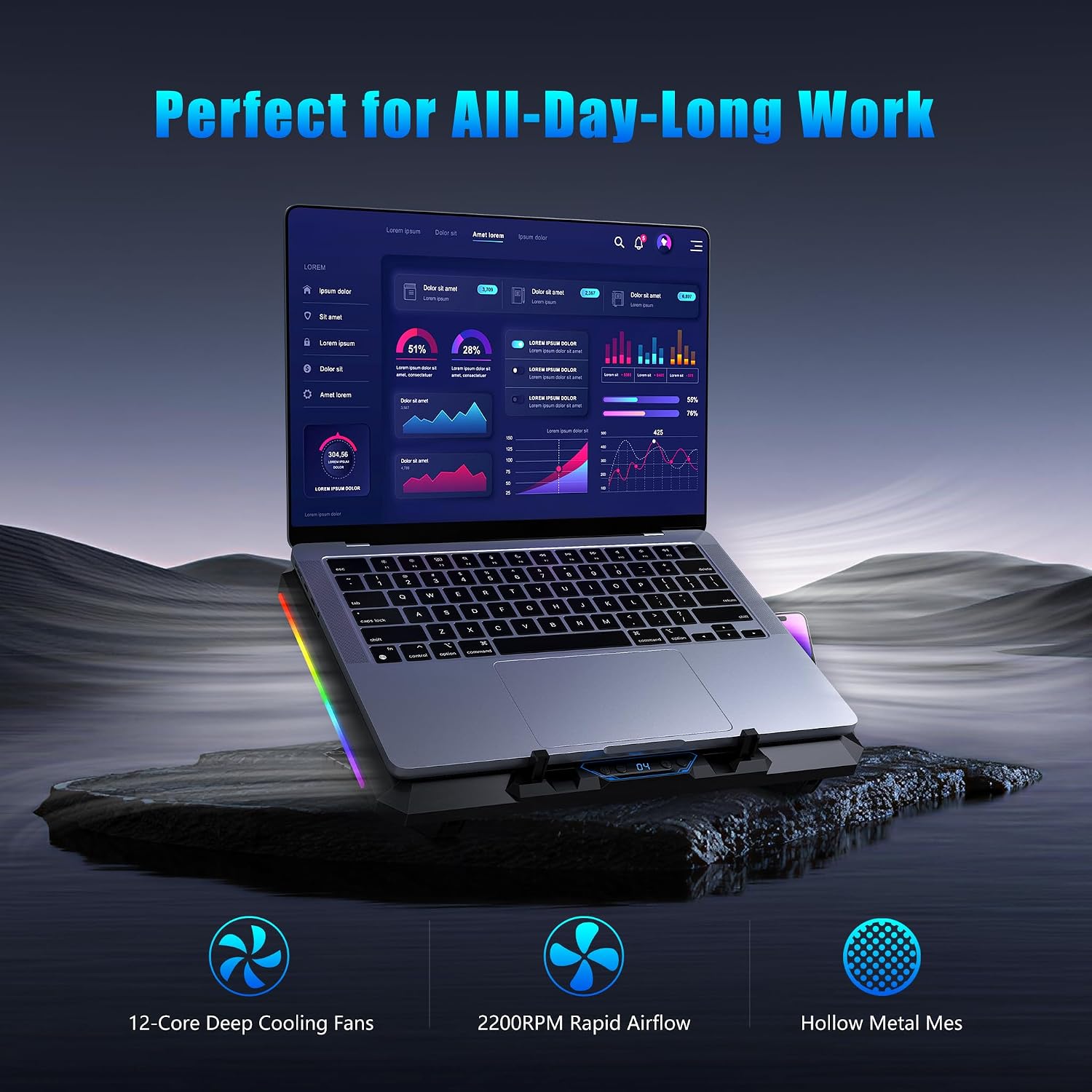 BASE DE ENFRIAMIENTO PARA LAPTOP TRULLYPINE F12 CON 12 VENTILADORES SILENCIOSOS, RGB Y SOPORTE AJUSTABLE PARA LAPTOPS DE 12 A - 2