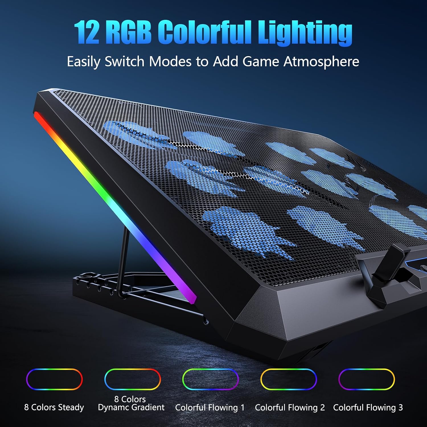 BASE DE ENFRIAMIENTO PARA LAPTOP TRULLYPINE F12 CON 12 VENTILADORES SILENCIOSOS, RGB Y SOPORTE AJUSTABLE PARA LAPTOPS DE 12 A - 5