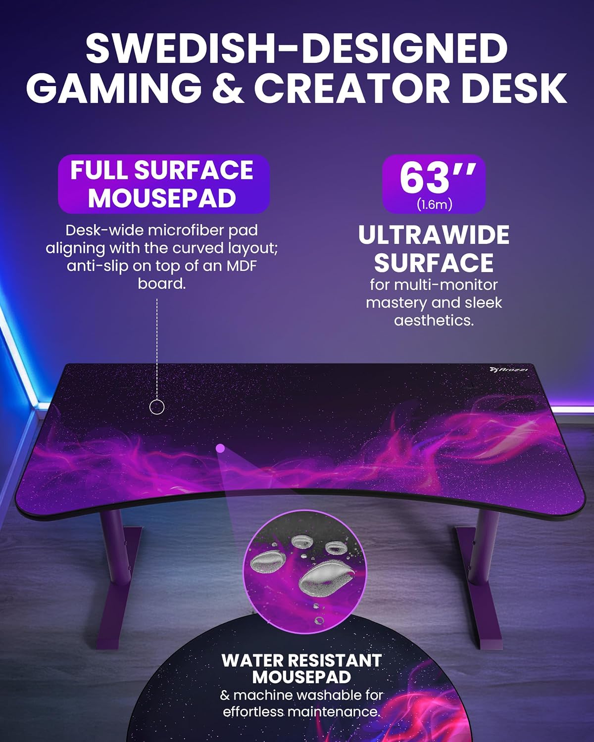 ESCRITORIO GAMING CURVO ULTRAWIDE AROZZI ARENA DEEP PURPLE GALAXY - 4