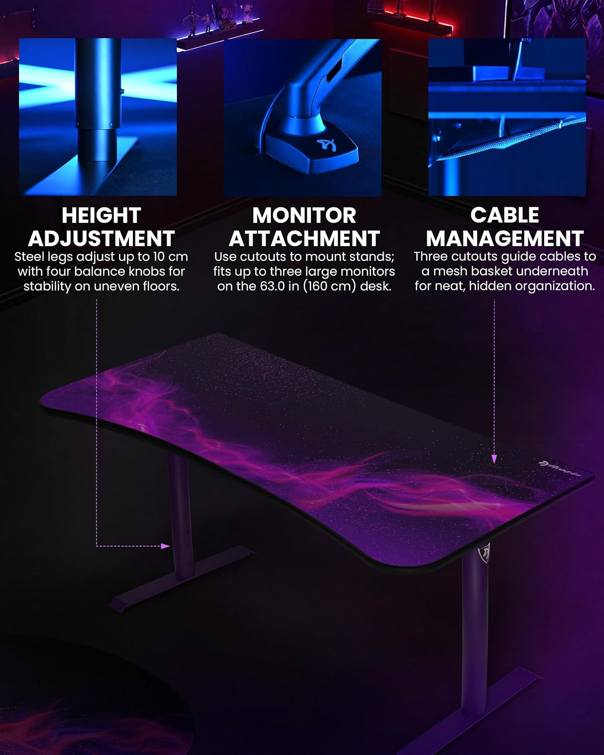 ESCRITORIO GAMING CURVO ULTRAWIDE AROZZI ARENA DEEP PURPLE GALAXY - 5