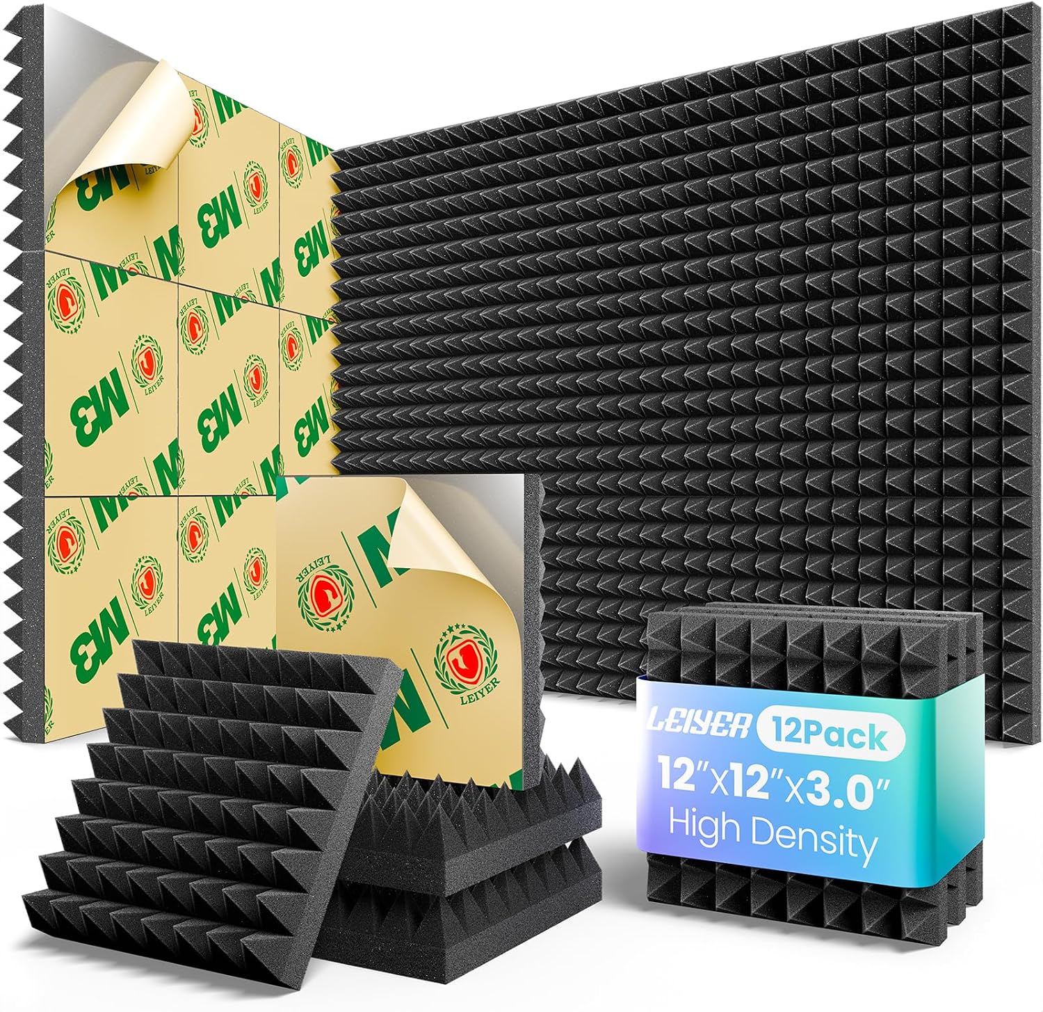 PANELES ACÚSTICOS LEIYER 12 UNIDADES 3X12X12 PULGADAS AUTOADHESIVOS - 1