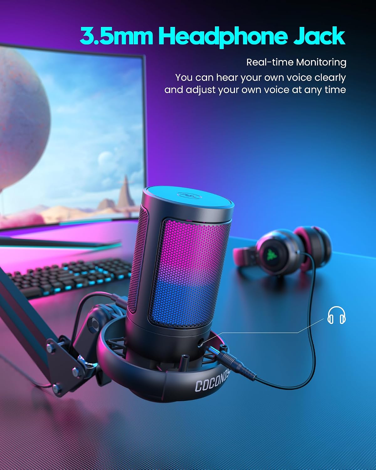 MICRÓFONO PARA GAMING COCONISE USB CON SOPORTE, FILTRO POP Y LUCES RGB - 3