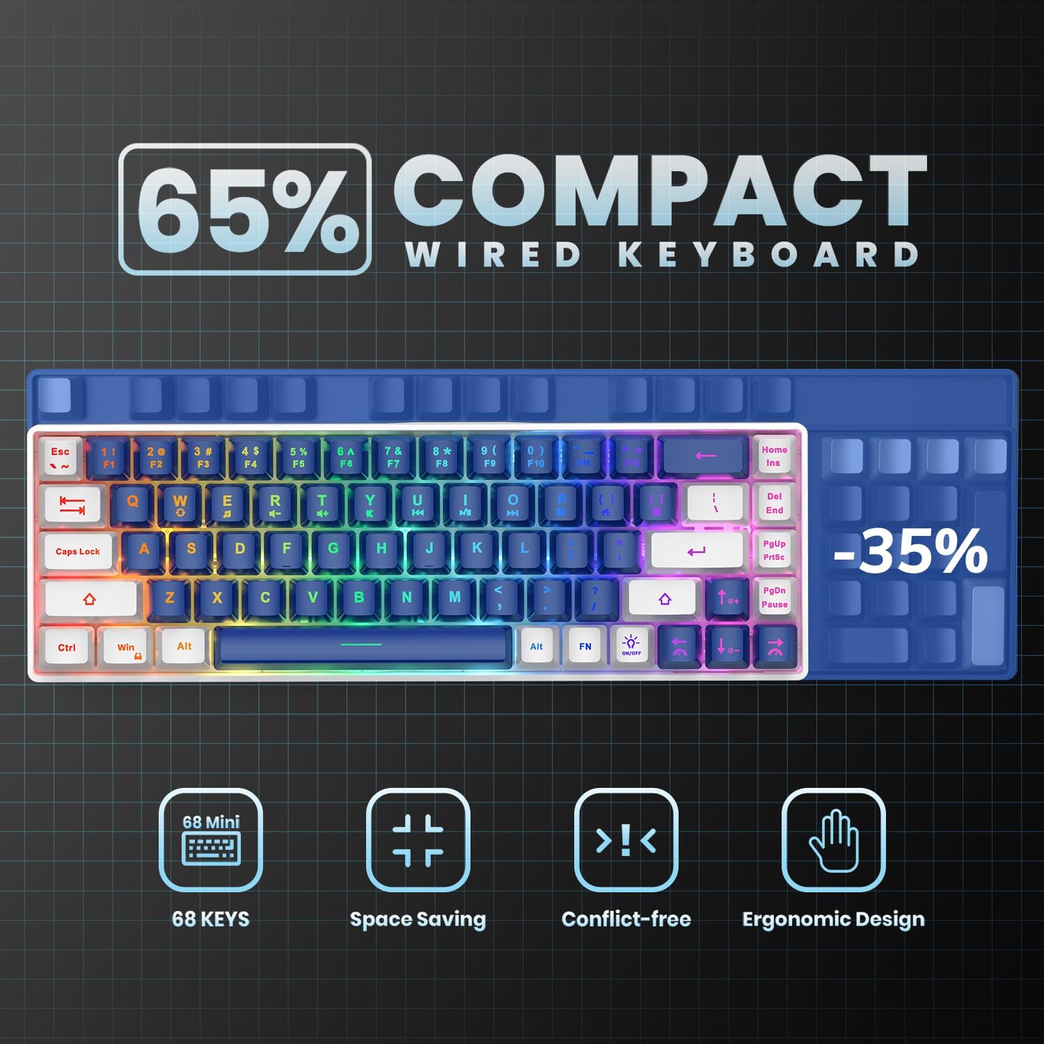TECLADO GAMING GEODMAER 65% MINI CABLE USB LED RETROILUMINADO 68 TECLAS MEMBRANA - 4
