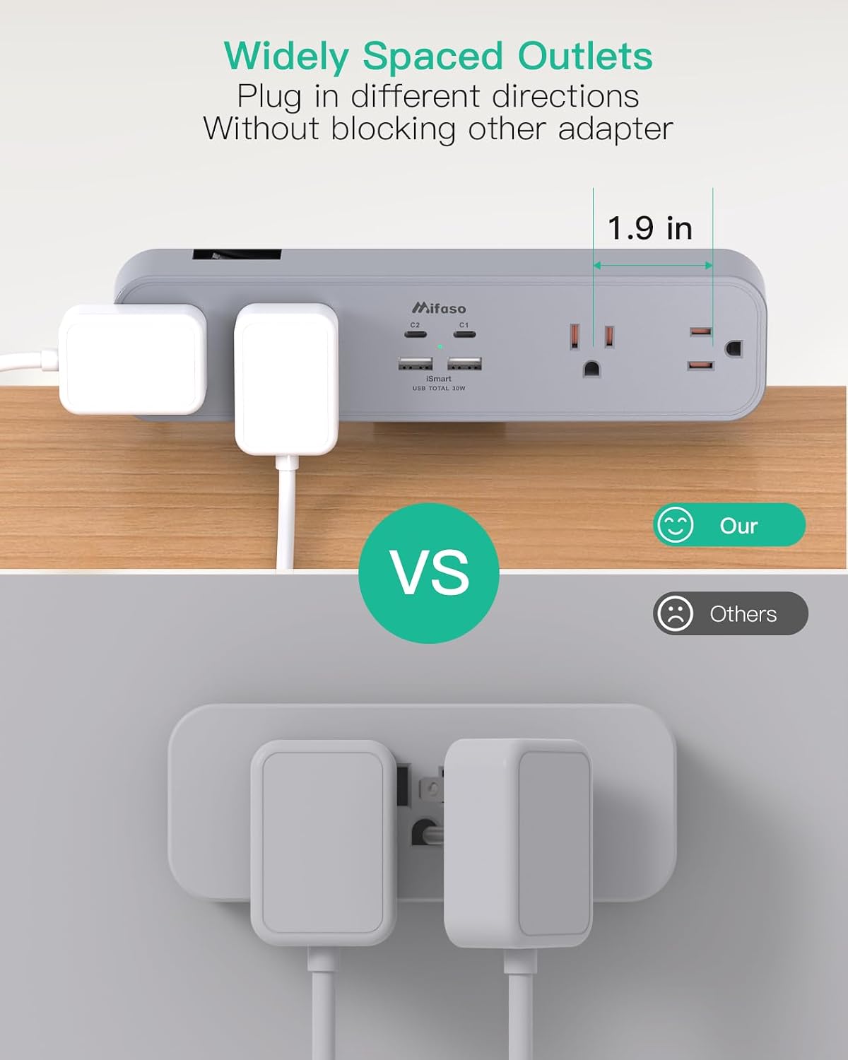 REGLETA CON ABRAZADERA MIFASO PD30W CON PROTECTOR DE SOBRETENSIÓN Y CARGA RÁPIDA - 3