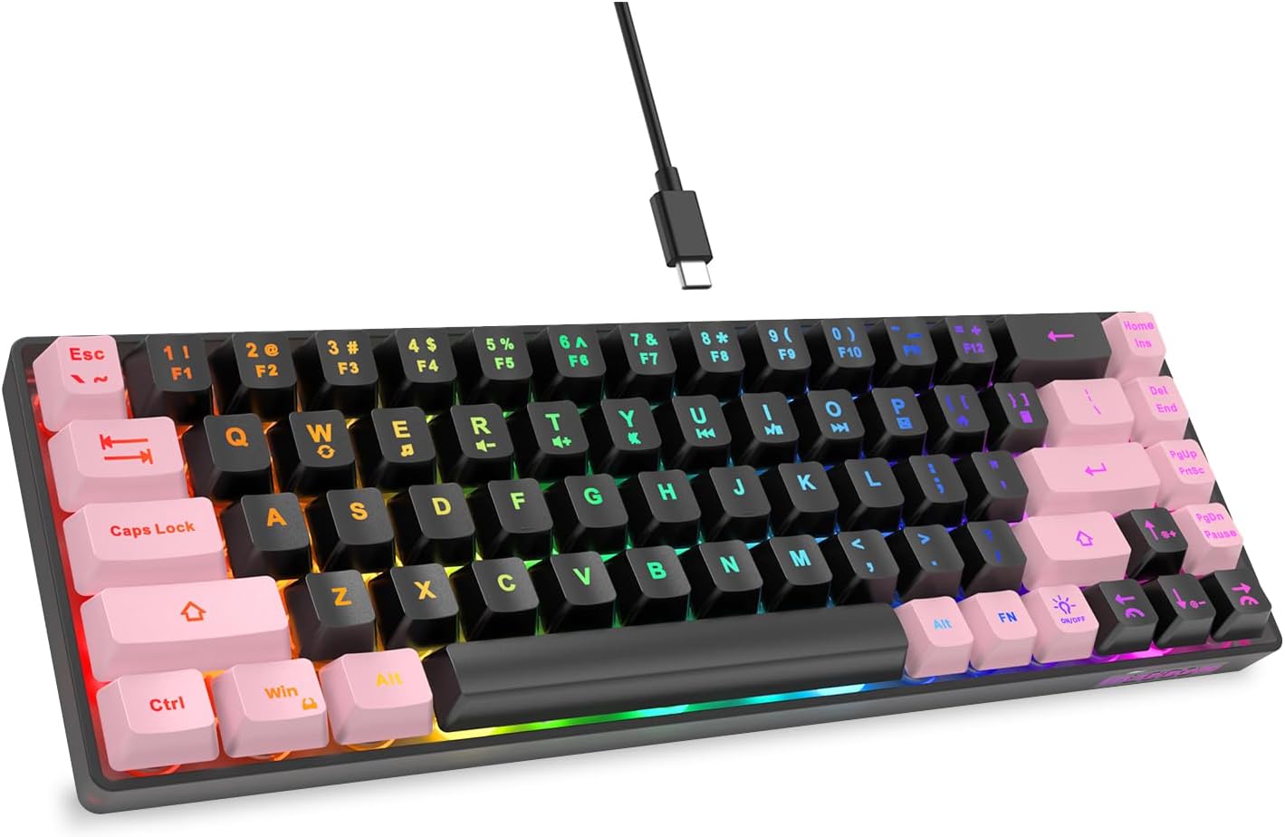 TECLADO GAMING GEODMAER 65% CABLEADO LED RETROILUMINADO 68 TECLAS NEGRO-ROSA - 1