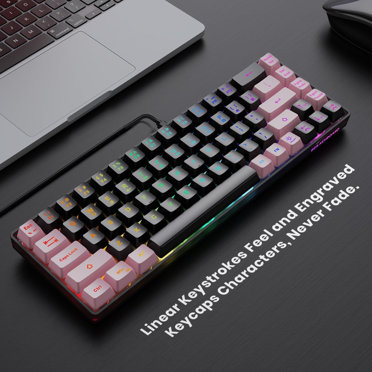 TECLADO GAMING GEODMAER 65% CABLEADO LED RETROILUMINADO 68 TECLAS NEGRO-ROSA - 2