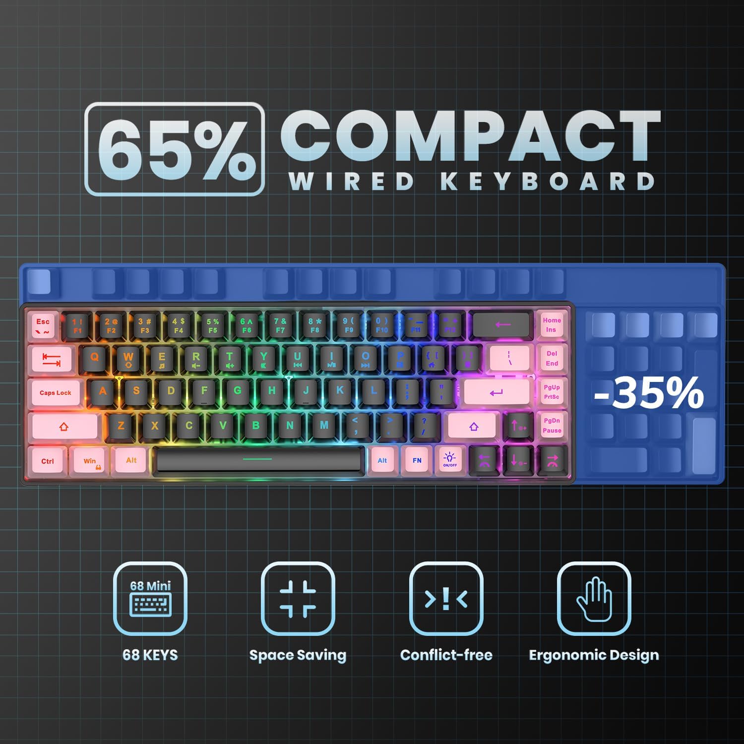 TECLADO GAMING GEODMAER 65% CABLEADO LED RETROILUMINADO 68 TECLAS NEGRO-ROSA - 4