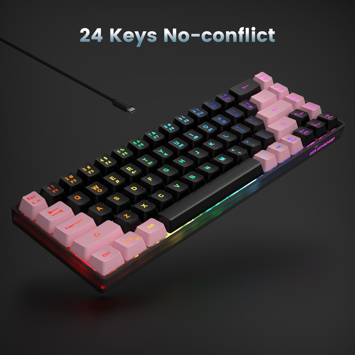 TECLADO GAMING GEODMAER 65% CABLEADO LED RETROILUMINADO 68 TECLAS NEGRO-ROSA - 5