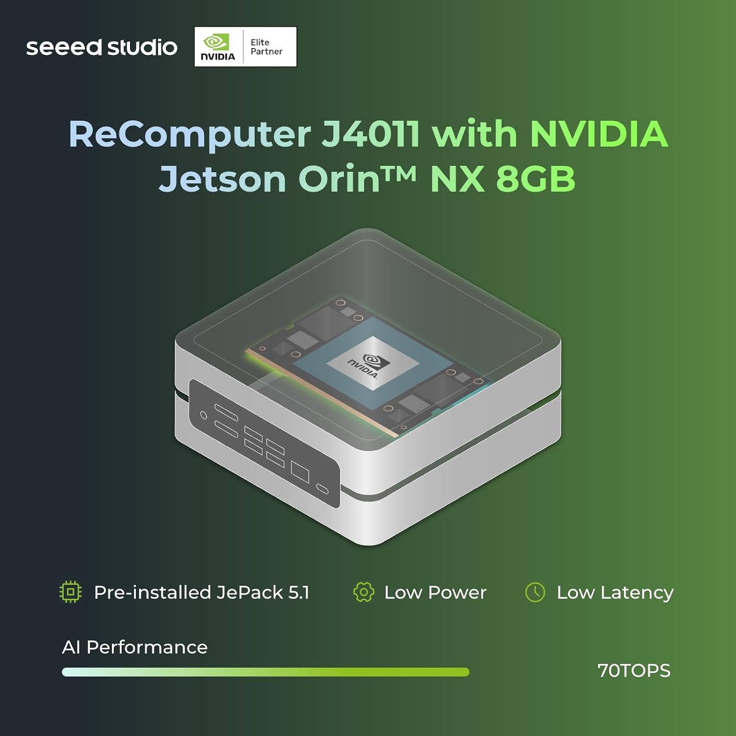 DISPOSITIVO EDGE AI RECOMPUTER J4011 CON MÓDULO NVIDIA JETSON ORIN NX 8GB, 4X USB 3.2, RANURAS M.2, CARCASA DE ALUMINIO, SSD NVME - 2