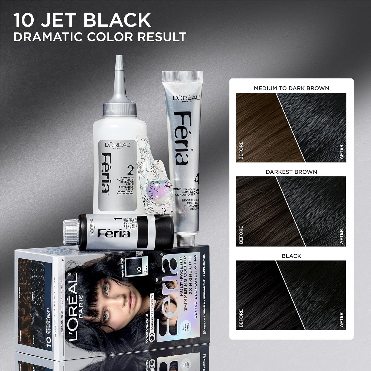 TINTURA PERMANENTE PARA CABELLO L’ORÉAL PARIS FERIA JET BLACK 10 NEGRO AZABACHE - 3